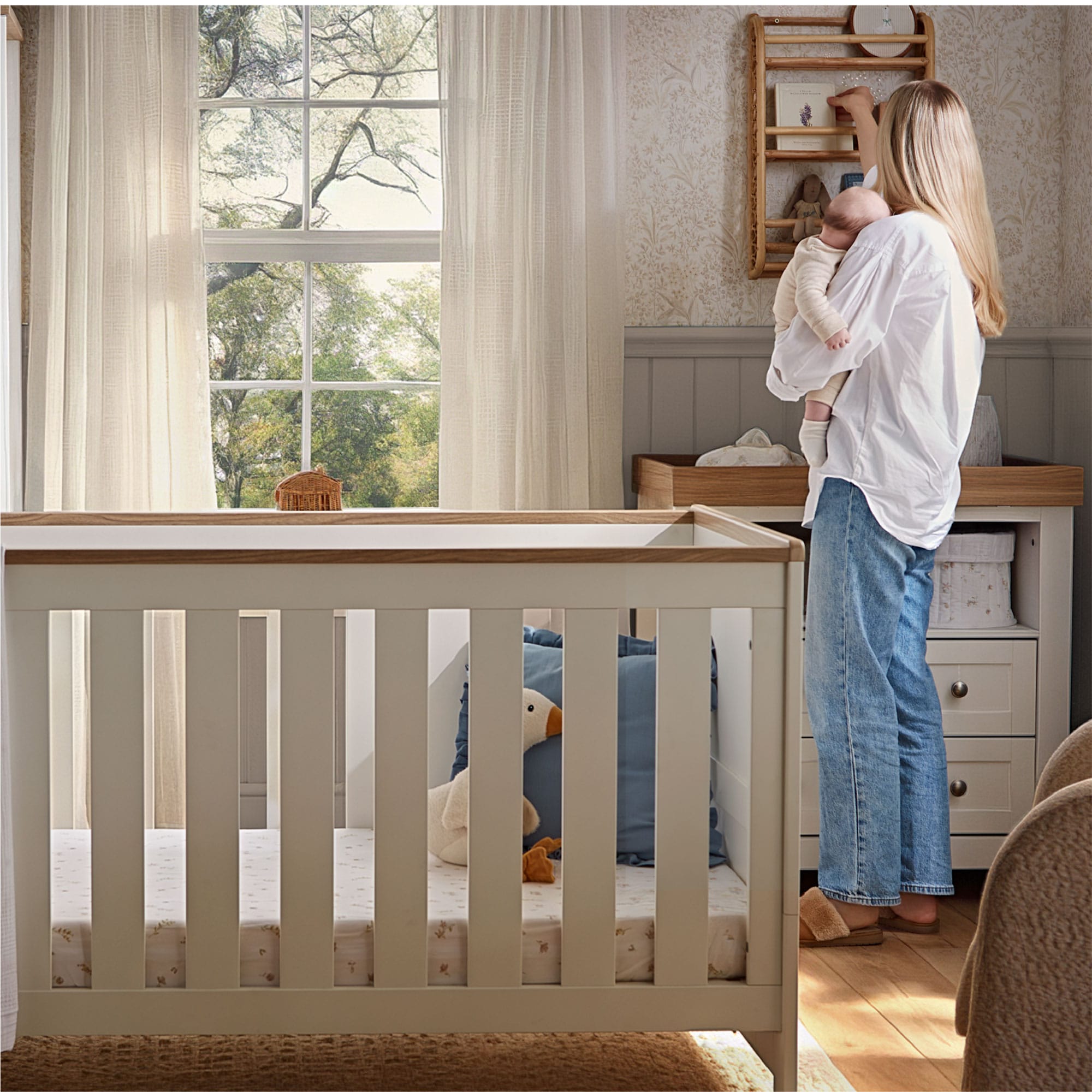 CuddleCo Burford Cotbed in White/Oak Cribs