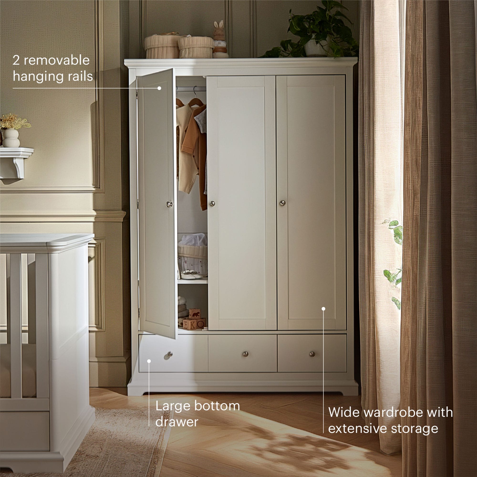 CuddleCo Beaumont 3 Piece Nursery Room Set with Grande Cotbed in White Nursery Room Sets