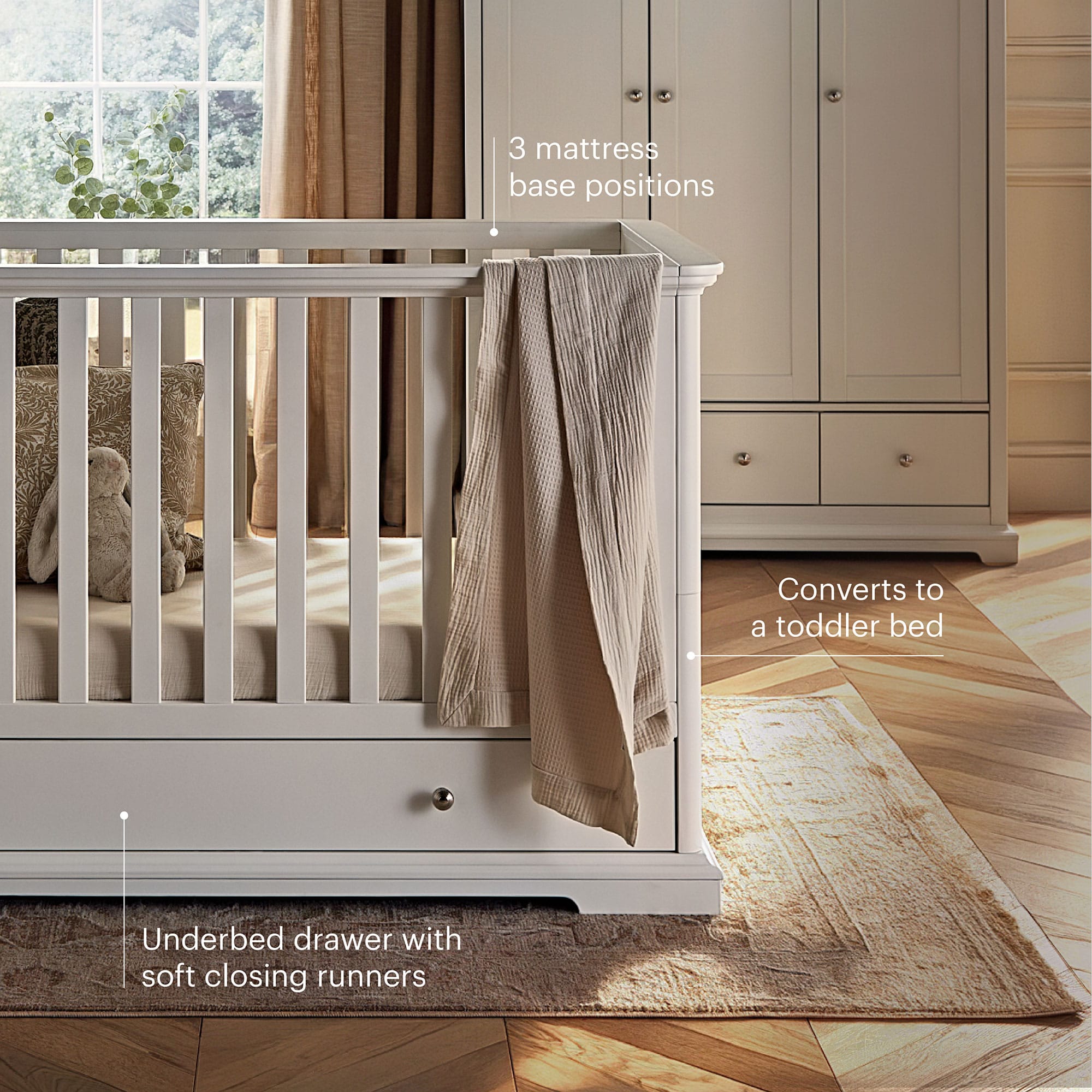 CuddleCo Beaumont 3 Piece Nursery Room Set with Low Cotbed in White Nursery Room Sets