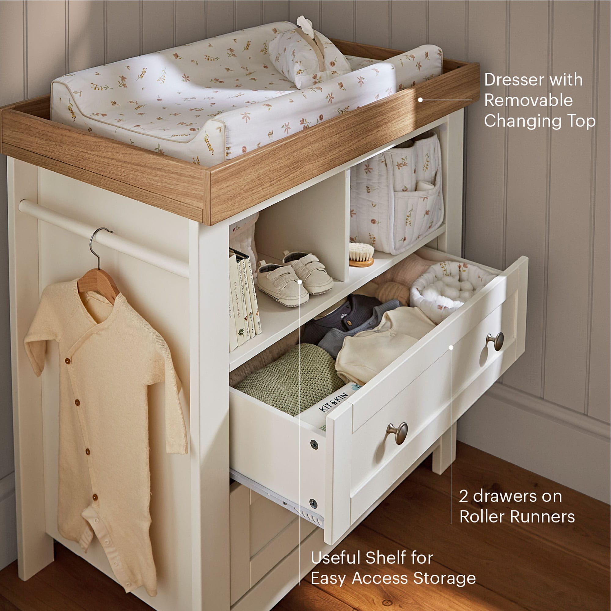 CuddleCo Burford 3 Piece Nursery Room Set in White/Oak Nursery Room Sets