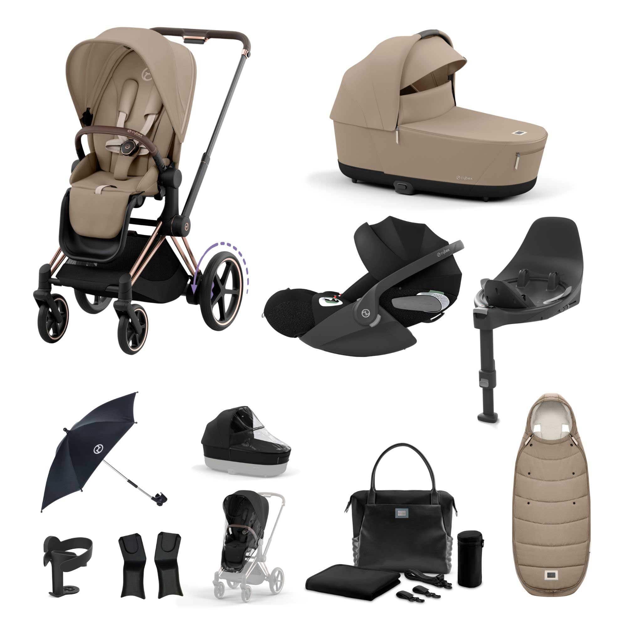 Cybex e-Priam Travel System With Cloud T in Cozy Beige Travel Systems 19727-EP-RSG-CZY-BEI 4063846452576