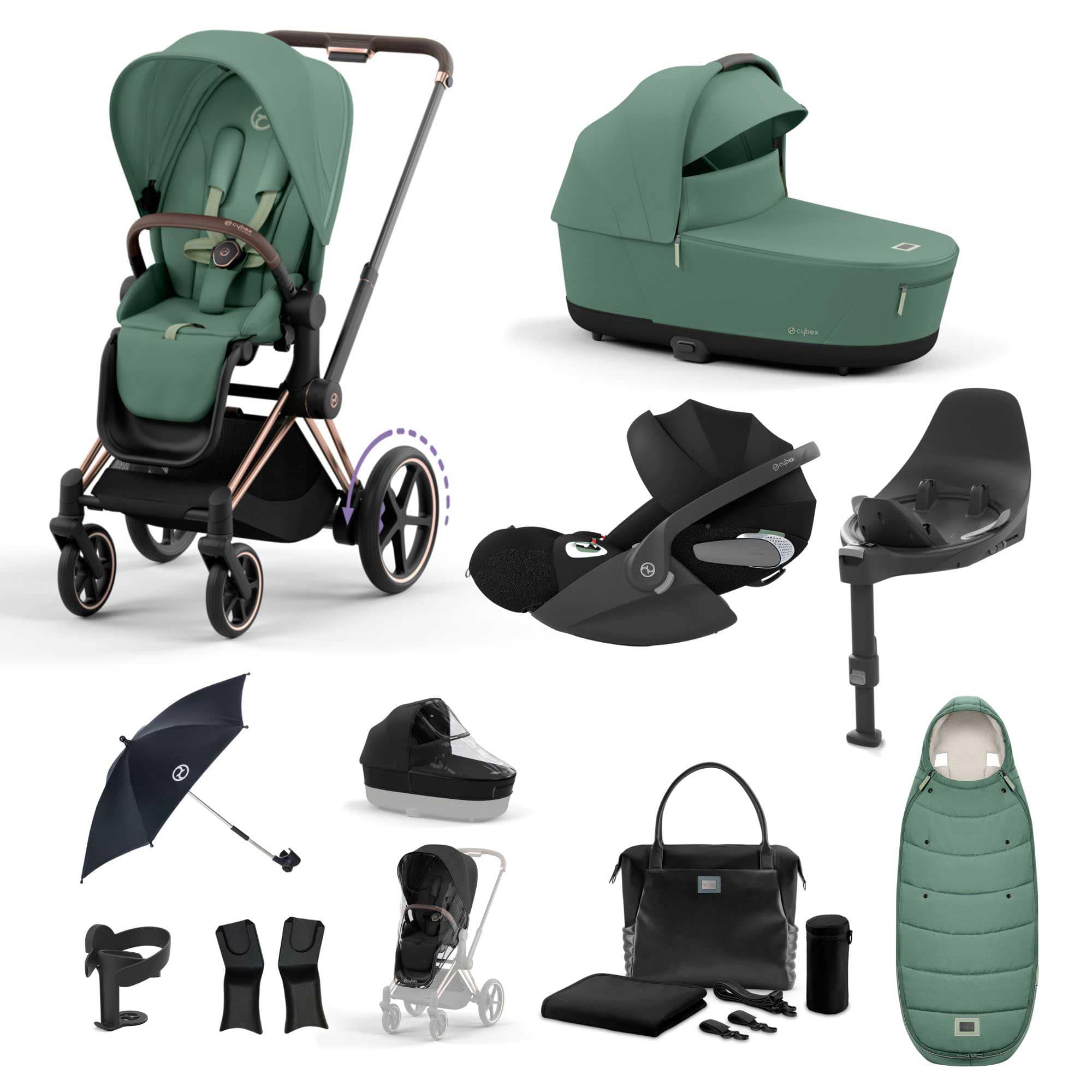 Cybex e-Priam Travel System With Cloud T in Leaf Green Travel Systems 19730-EP-RSG-LEF-GRN 4063846415694