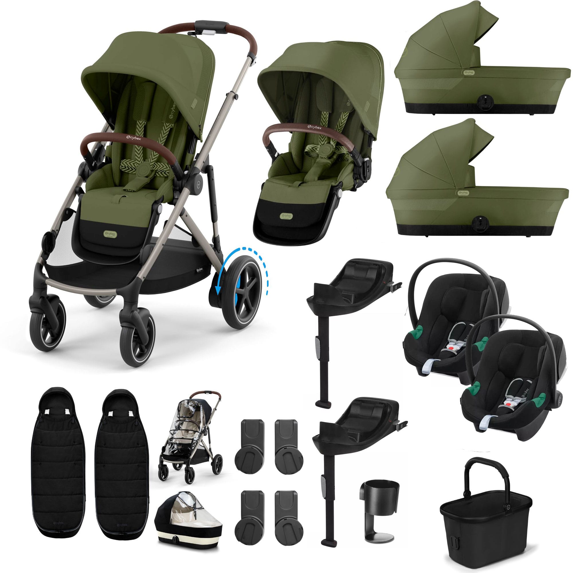 Cybex eGazelle S Twin Comfort Pushchair Bundle in Moss Green Travel Systems 21427-TWN-COM-MSS-2 4063846511624