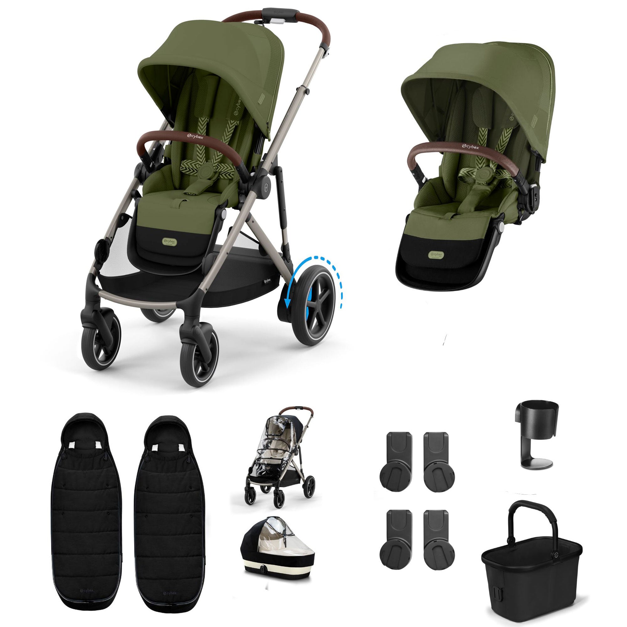 Cybex eGazelle S Twin Essential Pushchair Bundle in Moss Green Travel Systems 21440-TWN-ESS-MSS-1 4063846511624