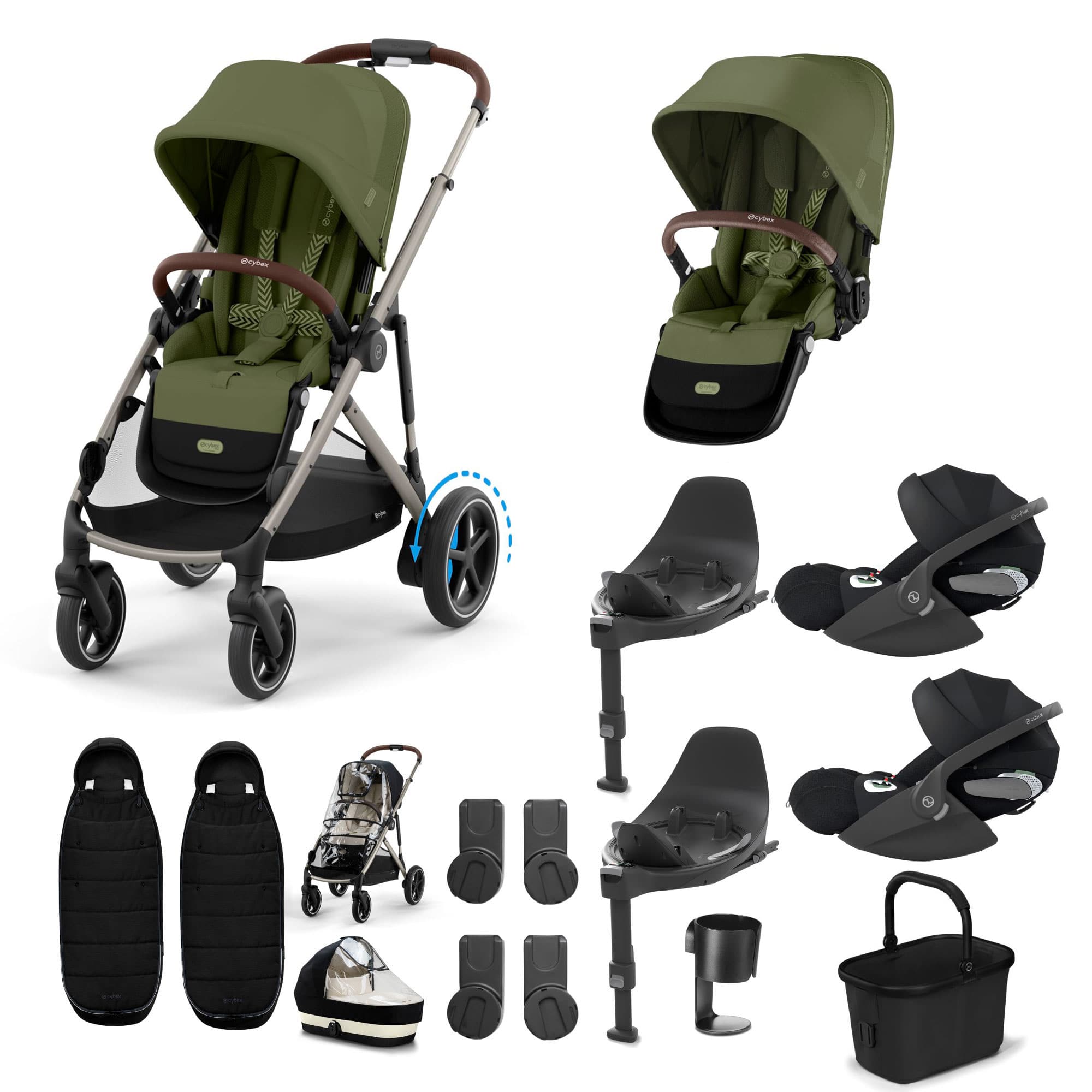 Cybex eGazelle S Twin Luxury Pushchair Bundle in Moss Green Travel Systems