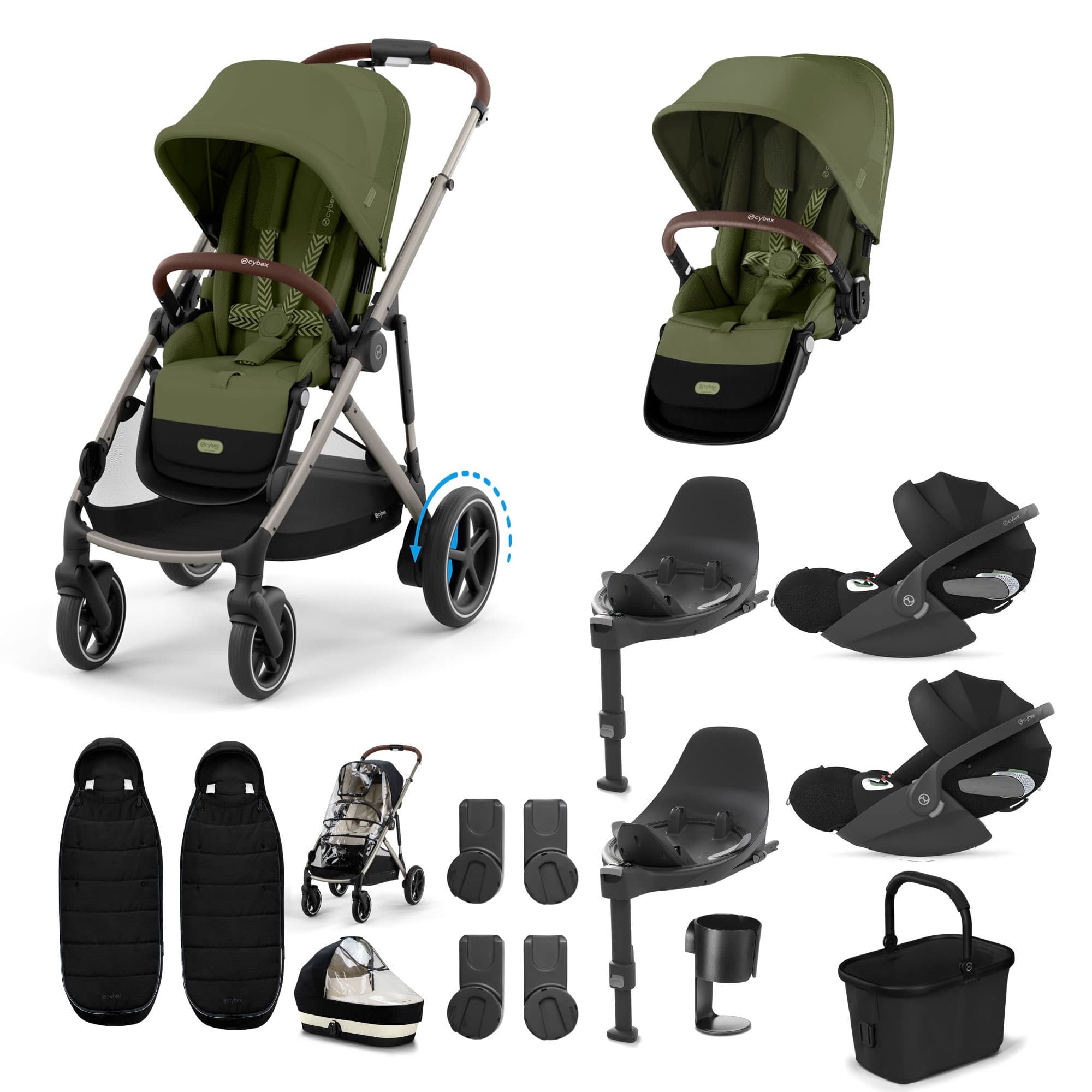 Cybex eGazelle S Twin Luxury Pushchair Bundle in Moss Green Travel Systems