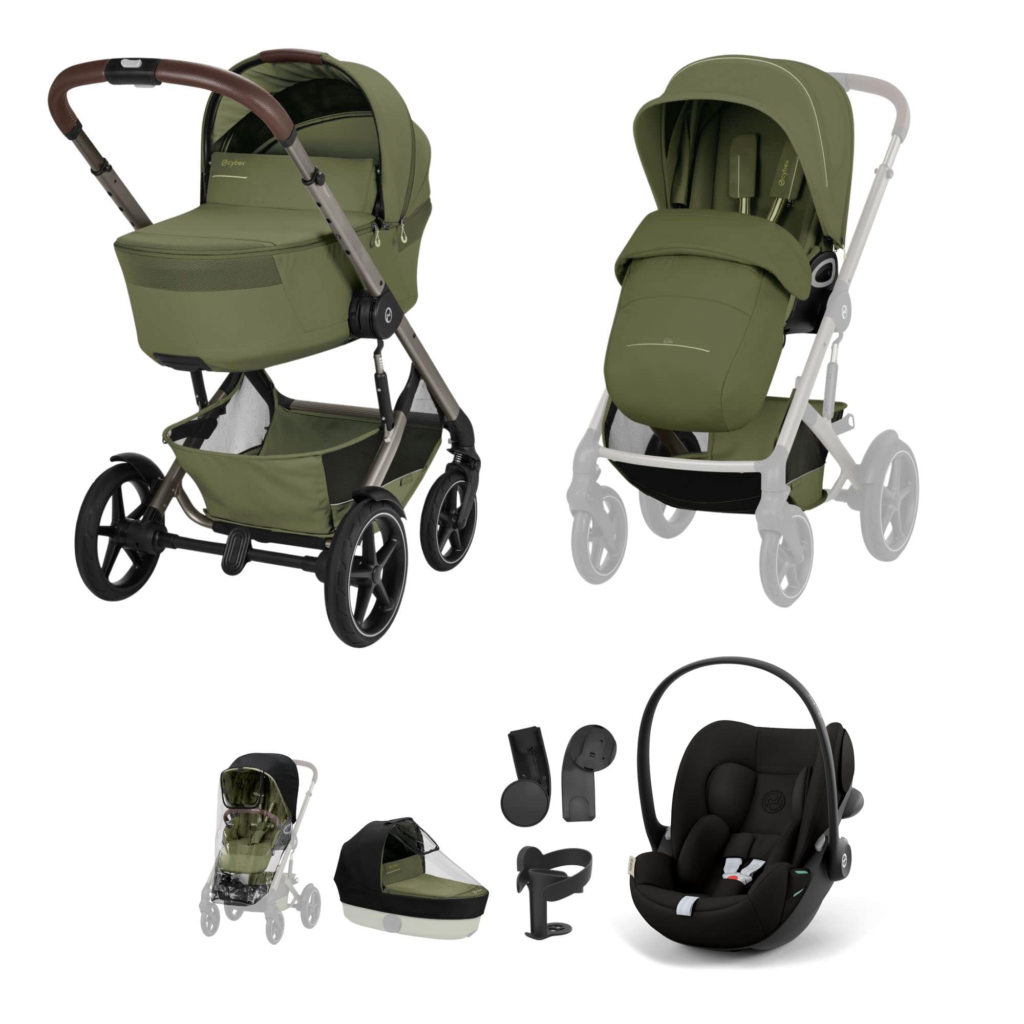 Cybex Talos Foldable Carrycot Travel System Bundle in Moss Green Travel Systems