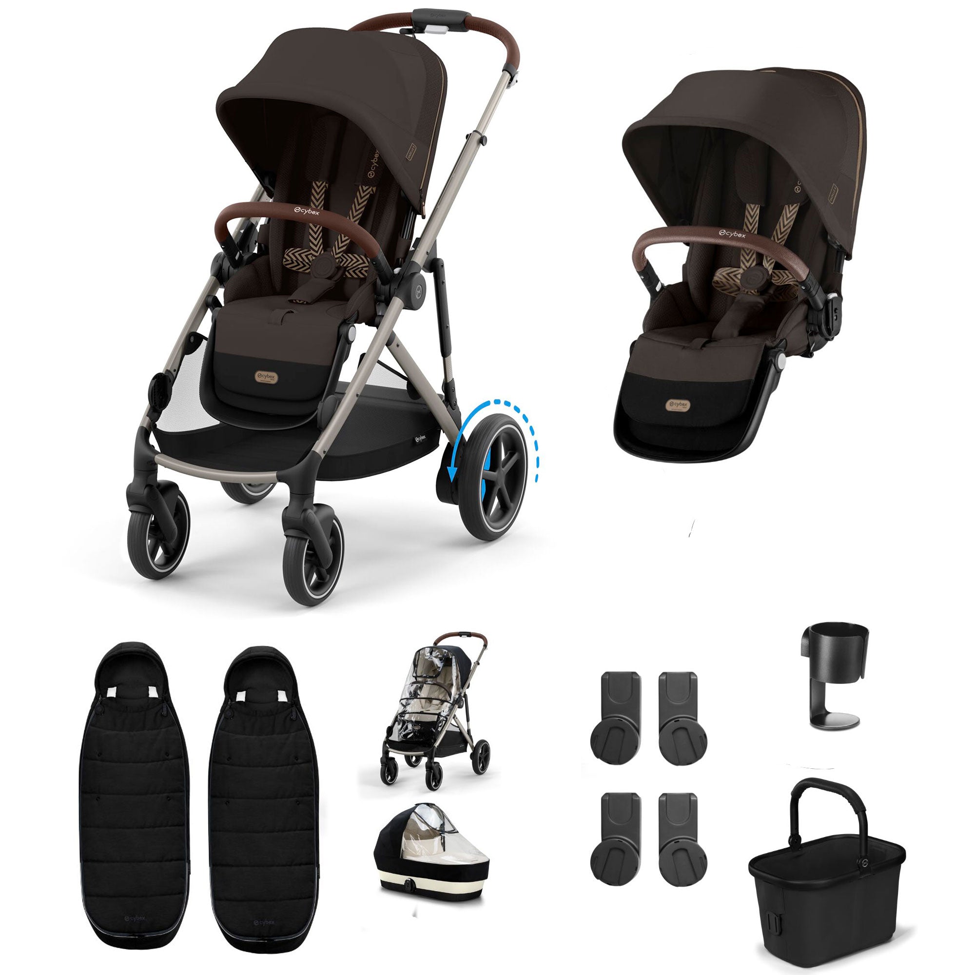 Cybex eGazelle S Twin Essential Pushchair Bundle in Chocolate Brown