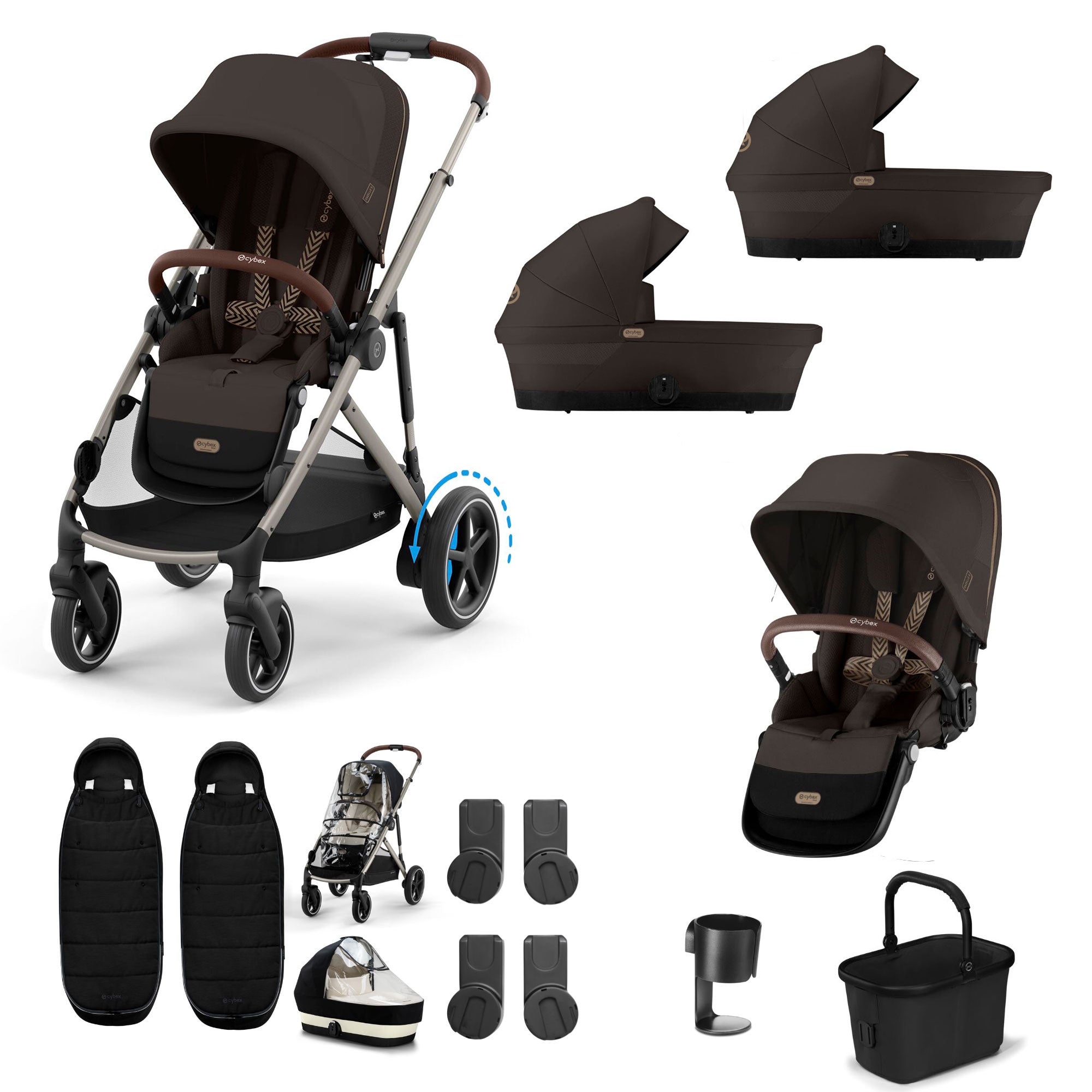 Cybex eGazelle S Twin Essential Pushchair Bundle in Chocolate Brown