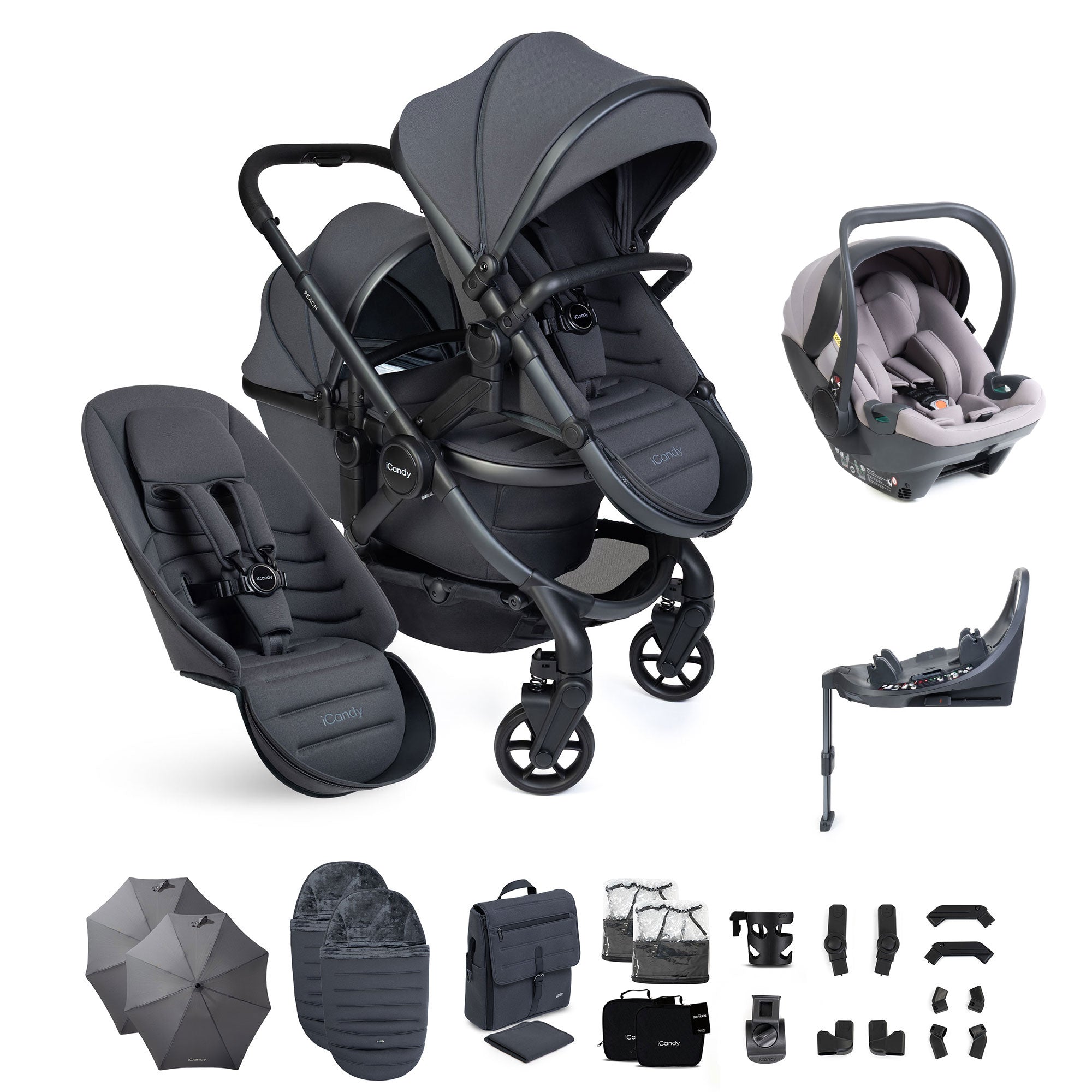 iCandy Peach 8 Double Complete Bundle with Cocoon 360 in Grey