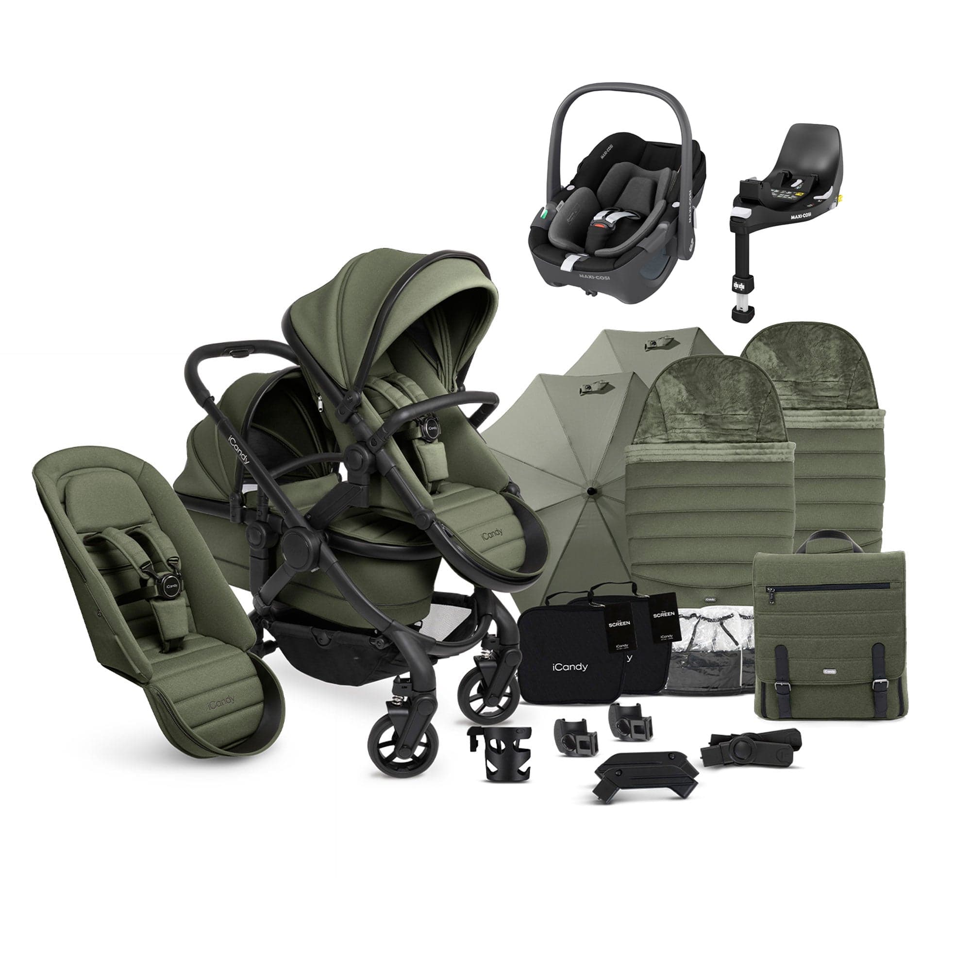 iCandy Peach 7 Double Complete Maxi-Cosi Travel System in Ivy Pram Bundles 17733-DOU-TS-MAXI-PB-IV 5010334058603