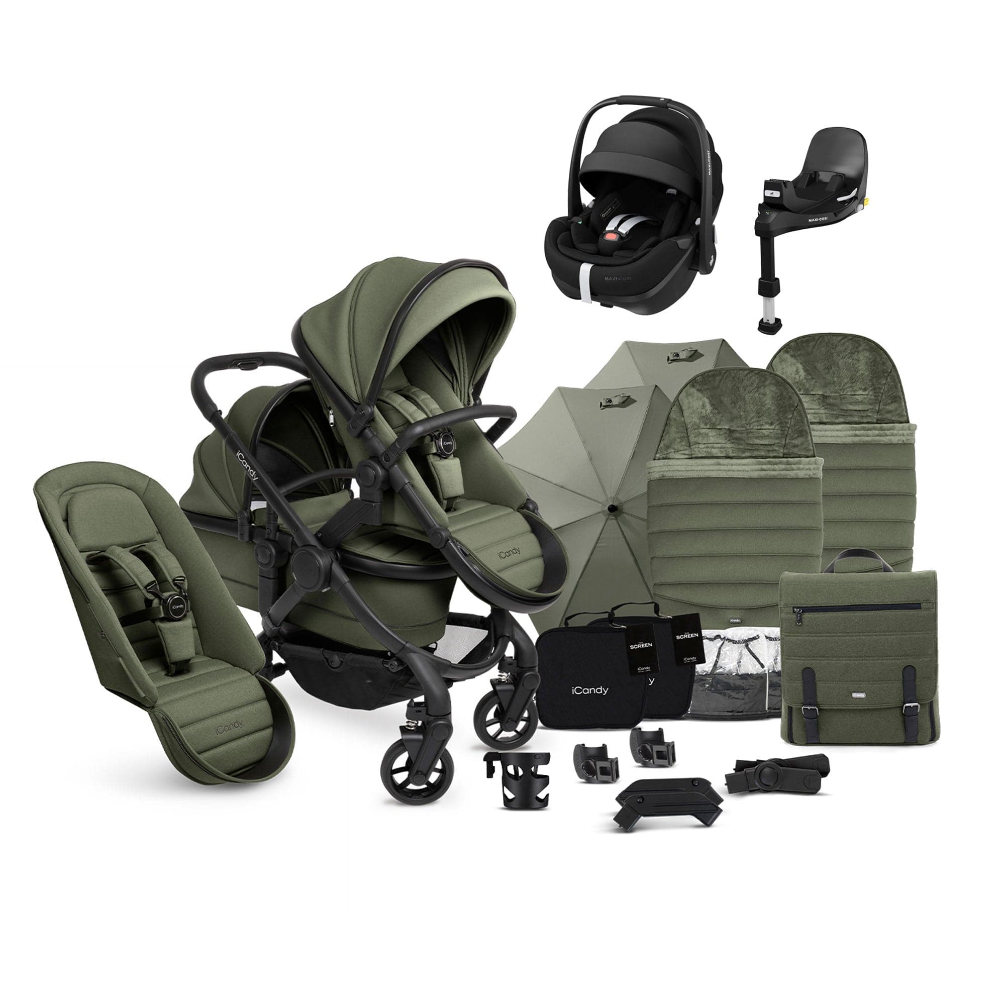 iCandy Peach 7 Double Complete Maxi-Cosi Travel System in Ivy Pram Bundles 17741-DOU-TS-MAXI-P2-IV 5010334058603