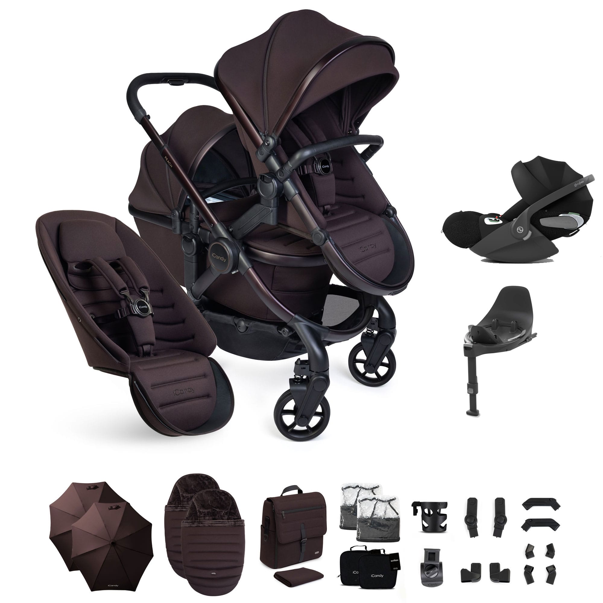 iCandy Peach 8 Editions Double Complete Cybex Bundle in Coffee Bean Travel Systems P8-CYBEX-DBL-COF-CT 5010334064970