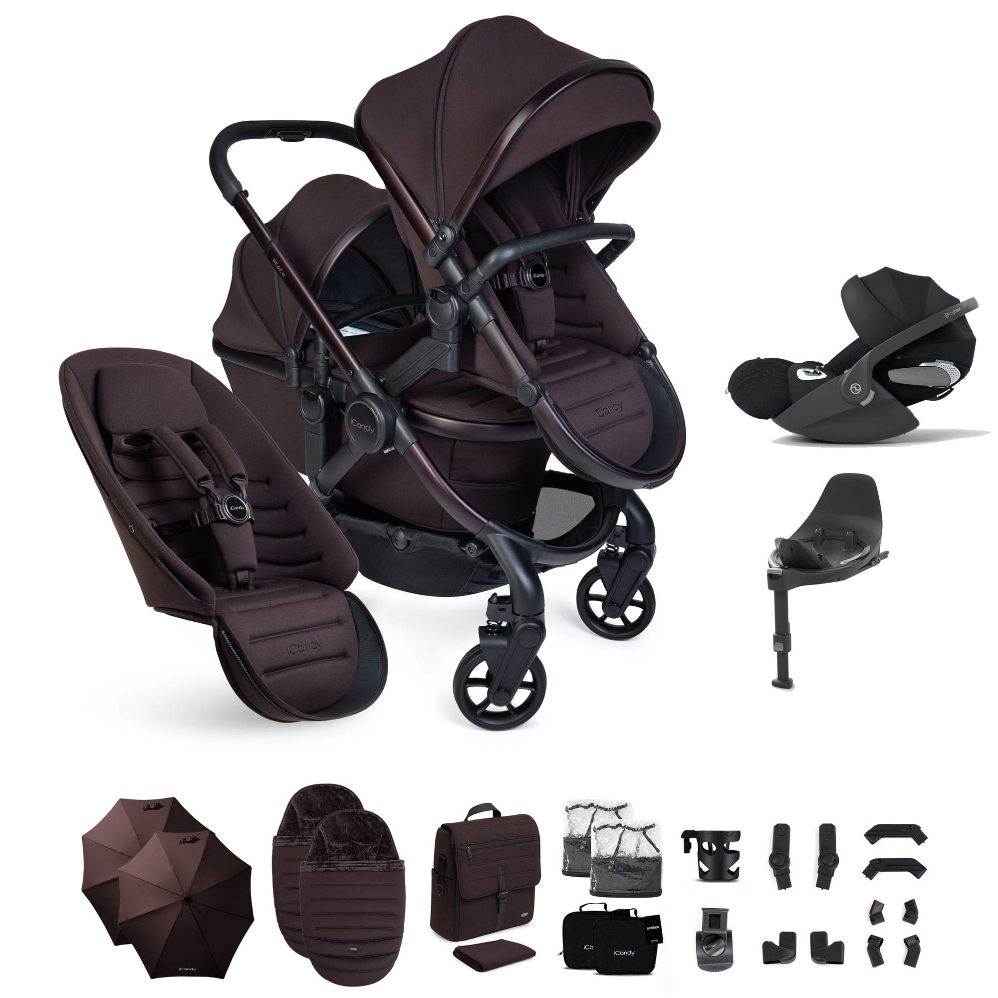 iCandy Peach 8 Editions Double Complete Cybex Bundle in Coffee Bean Travel Systems P8-CYBEX-DBL-COF-PLUS 5010334064970