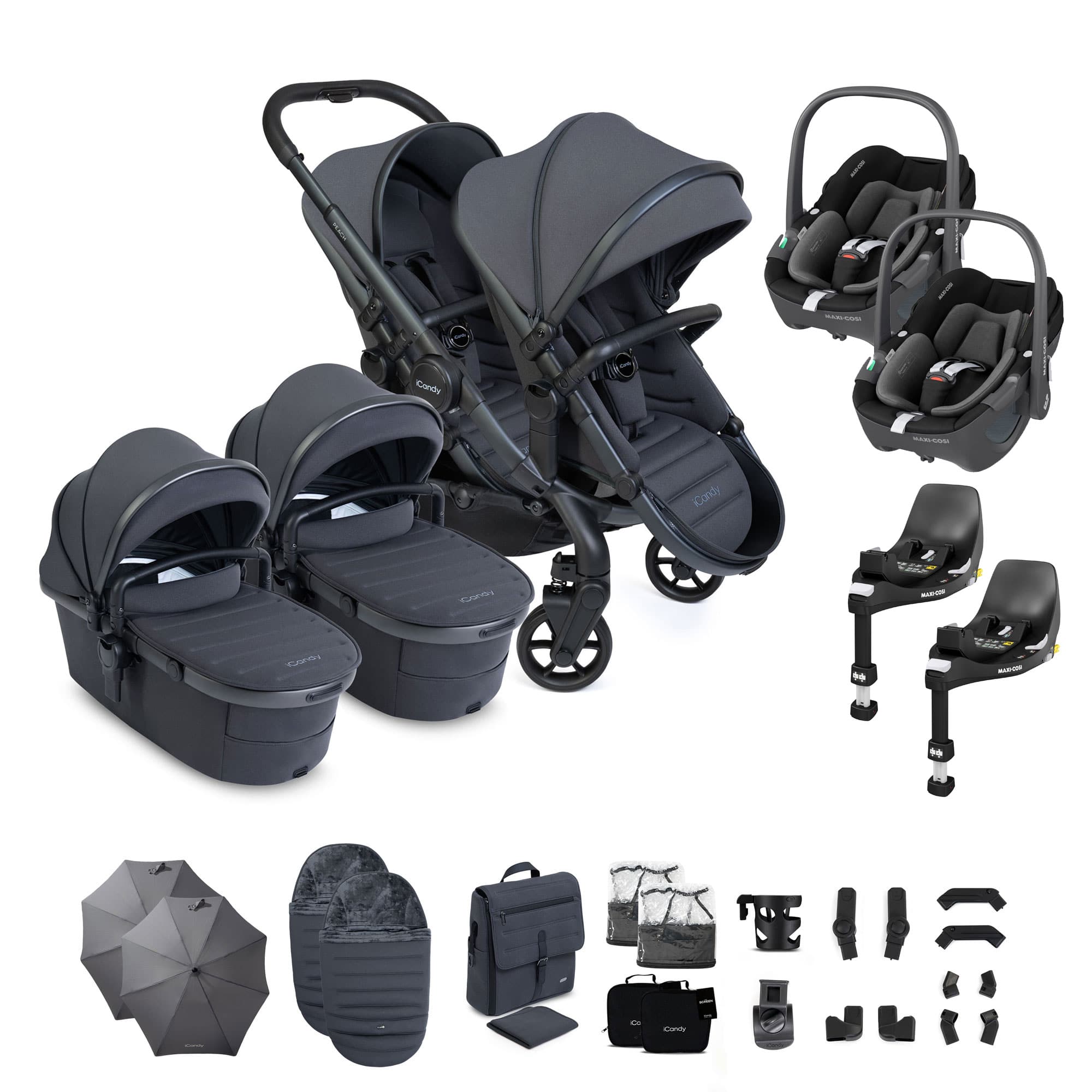 iCandy Peach 8 Twin Complete Maxi-Cosi Travel System in Grey Travel Systems P8-MAXI-TWN-GRY-PEB 5010334065144