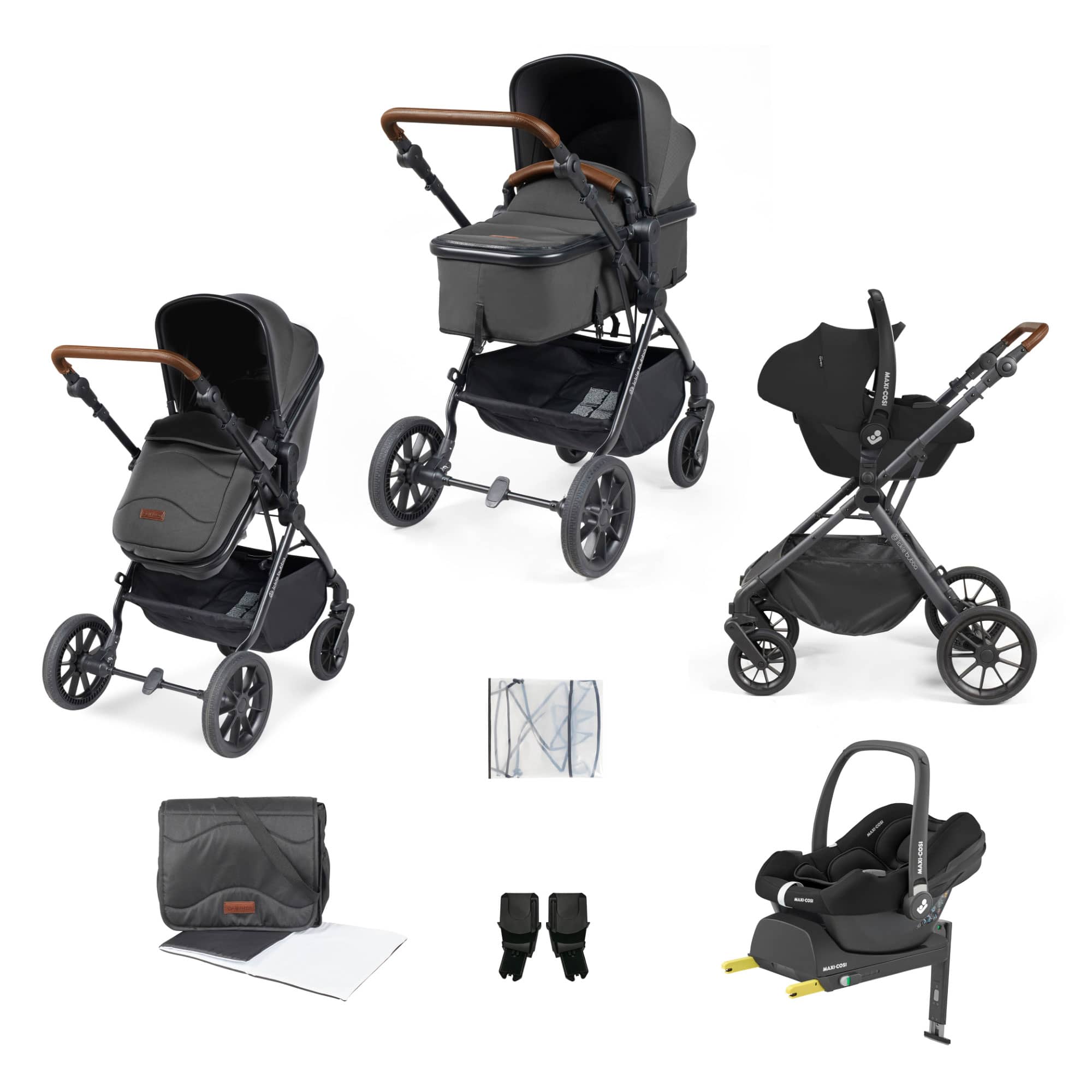 Ickle Bubba Cosmo 9-Piece Travel System with Maxi-Cosi Cabriofix Car Seat & Isofix Base in Black / Graphite Grey / Tan Travel Systems 10-007-360-007 5056515019568