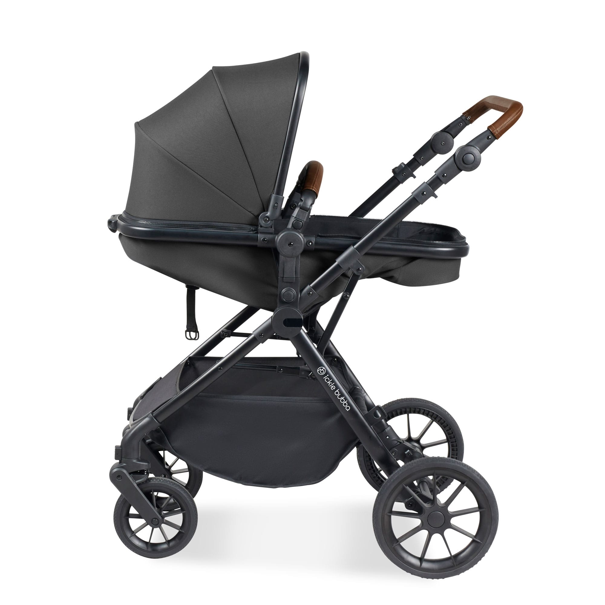 Ickle Bubba Cosmo 9-Piece Travel System with Maxi-Cosi Cabriofix Car Seat & Isofix Base in Black / Graphite Grey / Tan Travel Systems 10-007-360-007 5056515019568