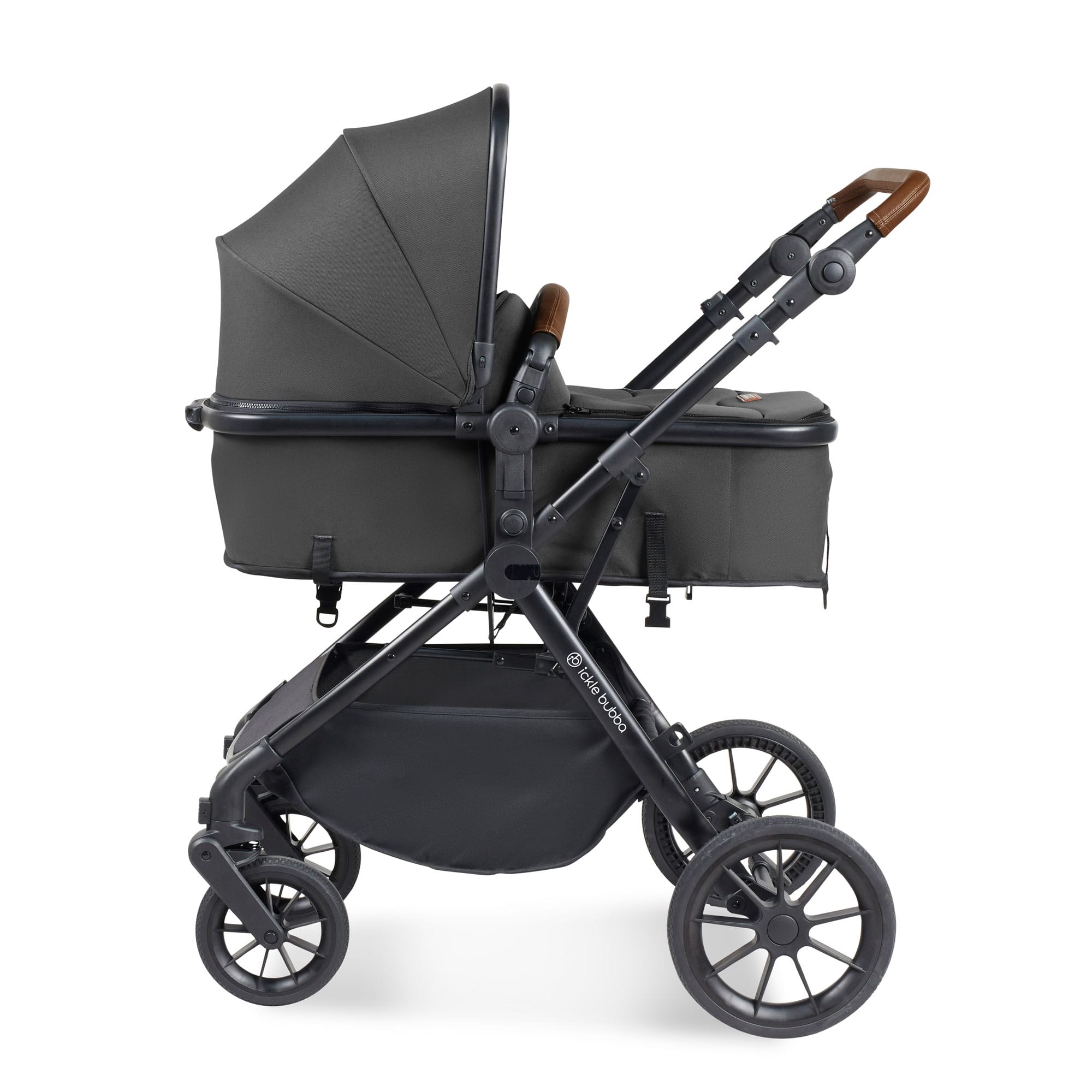 Ickle Bubba Cosmo 9-Piece Travel System with Maxi-Cosi Cabriofix Car Seat & Isofix Base in Black / Graphite Grey / Tan Travel Systems 10-007-360-007 5056515019568