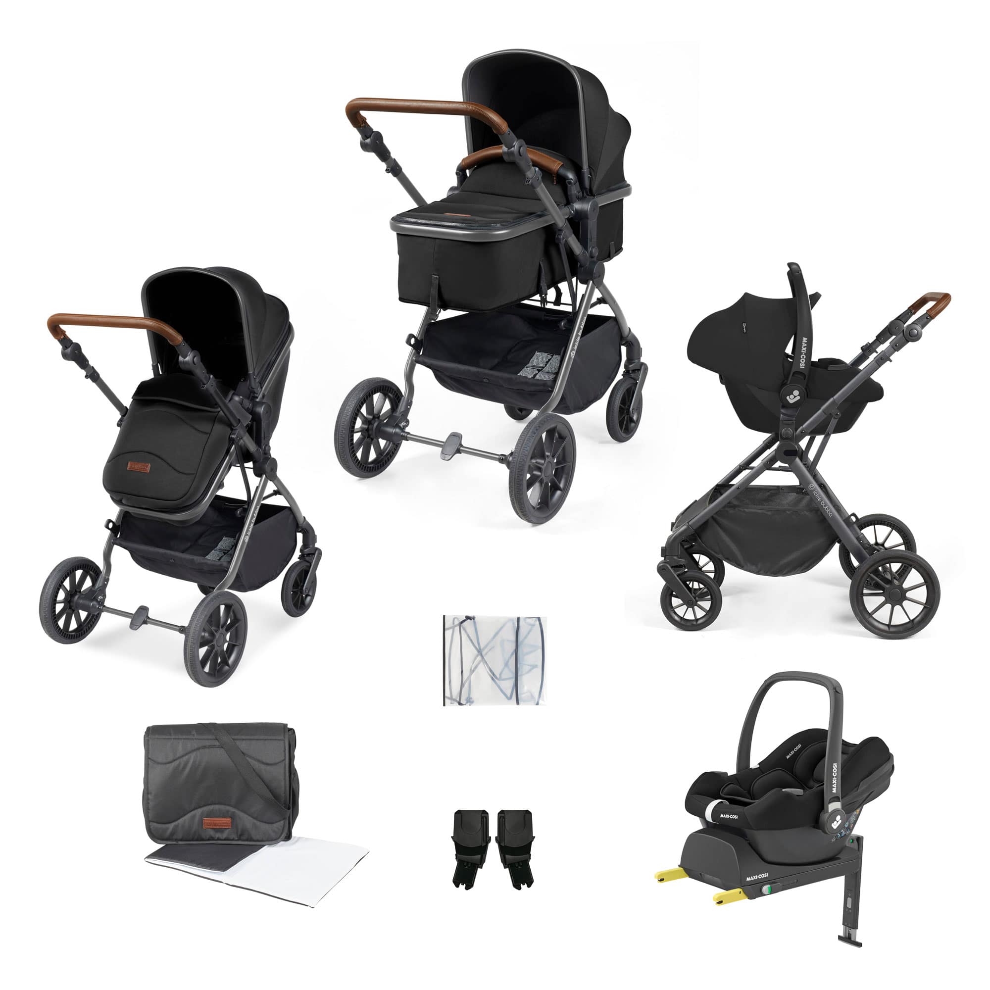 Ickle Bubba Cosmo 9-Piece Travel System with Maxi-Cosi Cabriofix Car Seat & Isofix Base in Gunmetal / Black / Tan Travel Systems 10-007-360-135 5056515019582