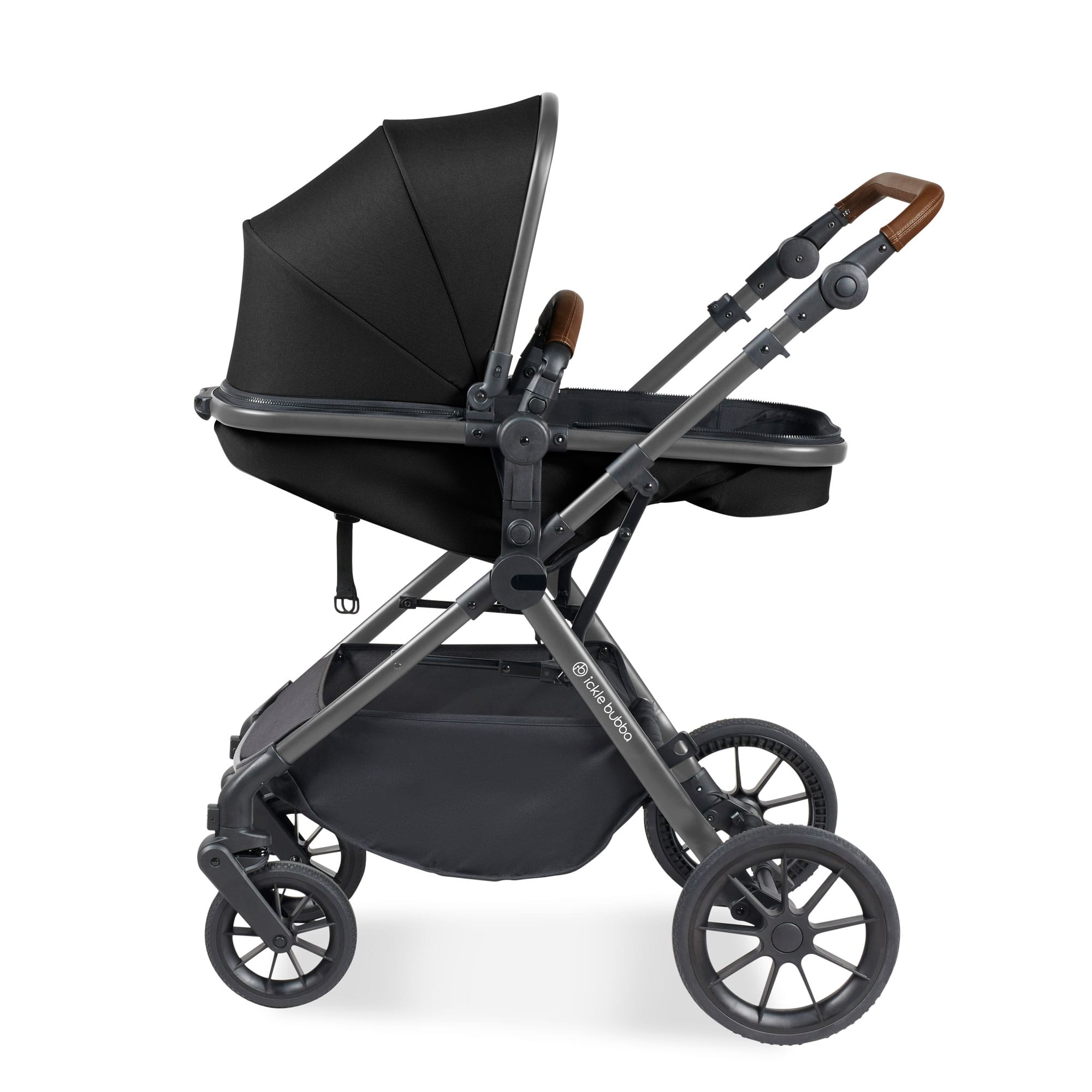 Ickle Bubba Cosmo 9-Piece Travel System with Maxi-Cosi Cabriofix Car Seat & Isofix Base in Gunmetal / Black / Tan Travel Systems 10-007-360-135 5056515019582