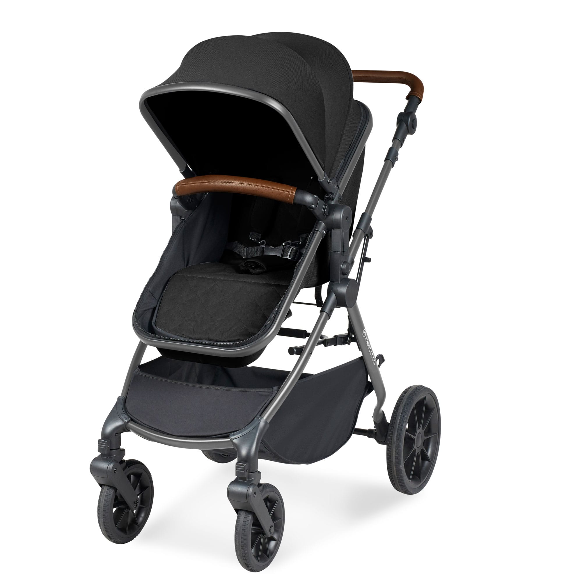 Ickle Bubba Cosmo 9-Piece Travel System with Maxi-Cosi Cabriofix Car Seat & Isofix Base in Gunmetal / Black / Tan Travel Systems 10-007-360-135 5056515019582