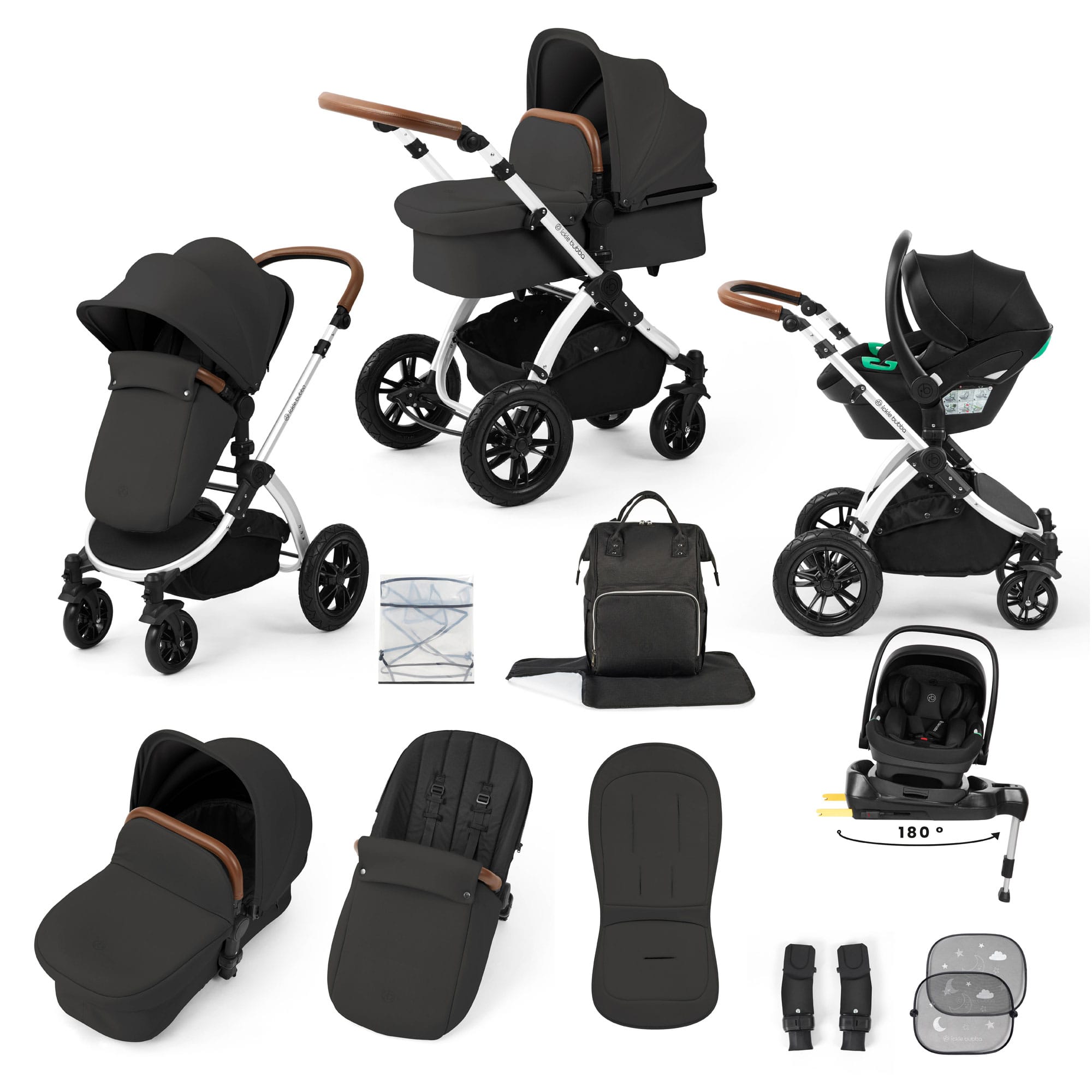 Ickle Bubba Stomp Luxe 12 Piece Travel System with i-Size Nimbus Car Seat & Spin Isofix Base in Charcoal Grey Travel Systems 10-011-330-255 5056515016888