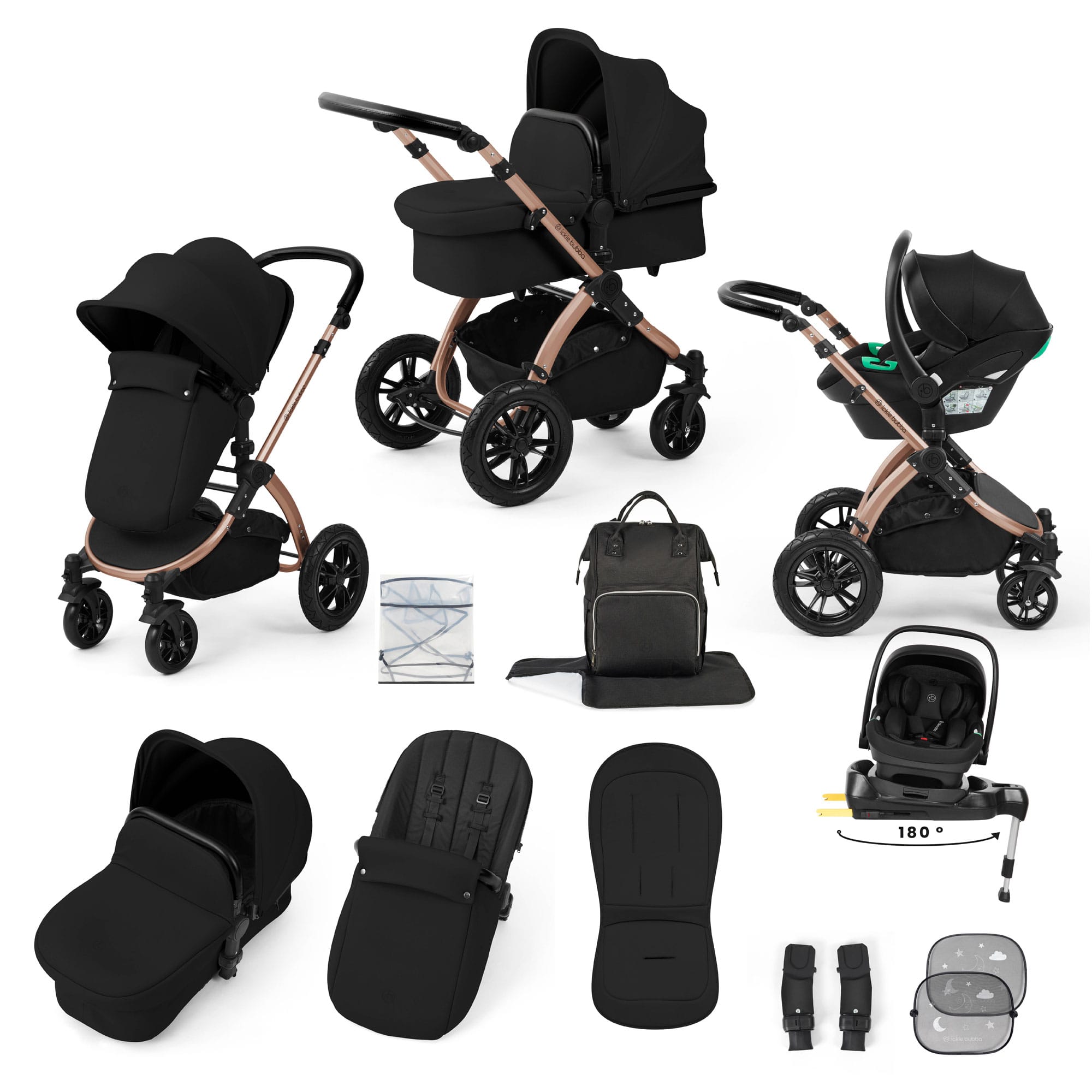 Ickle Bubba Stomp Luxe 12 Piece Travel System with i-Size Nimbus Car Seat & Spin Isofix Base in Midnight Travel Systems 10-011-330-139 5056515016833