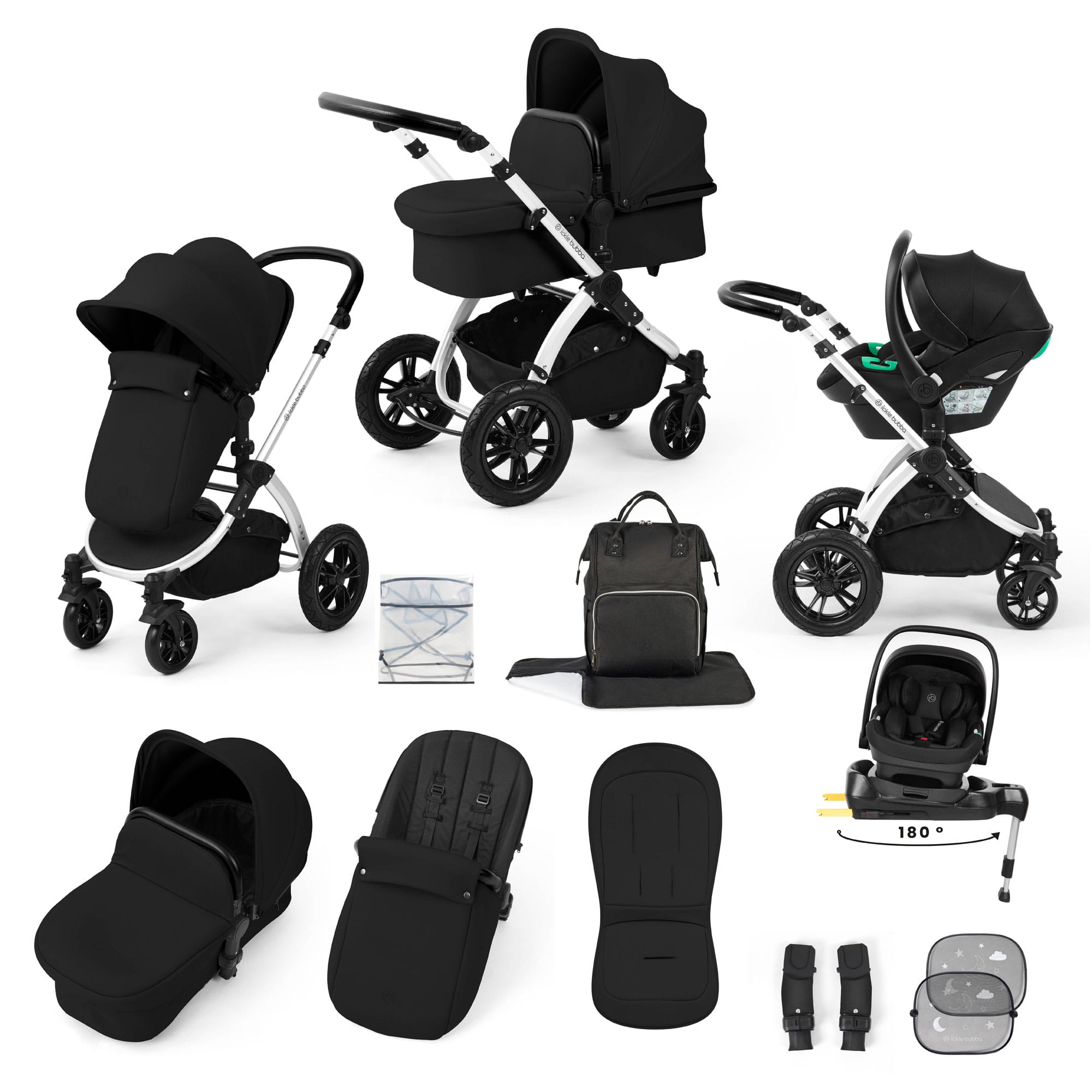 Ickle Bubba Stomp Luxe 12 Piece Travel System with i-Size Nimbus Car Seat & Spin Isofix Base in Midnight Travel Systems 10-011-330-249 5056515016918