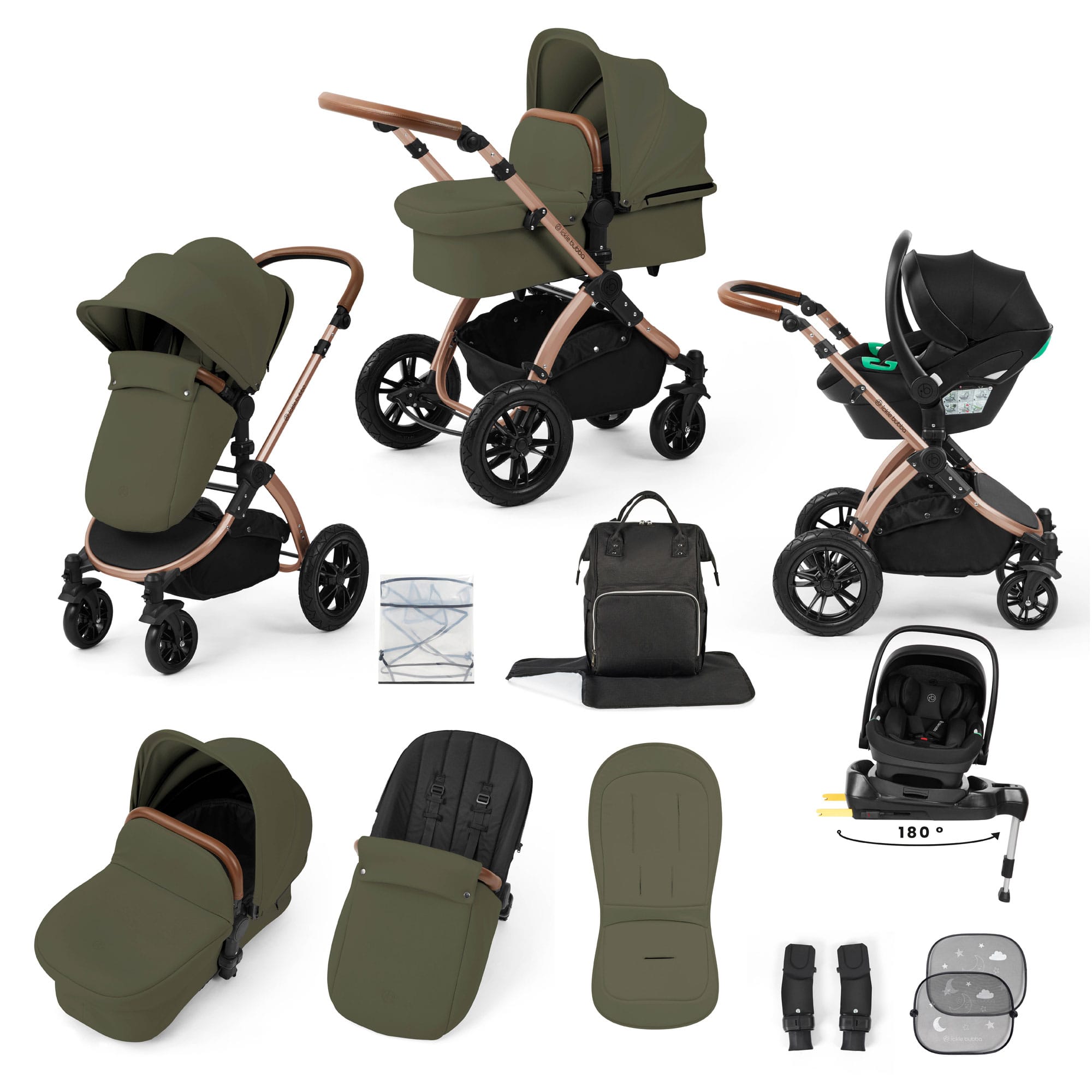 Ickle Bubba Stomp Luxe 12 Piece Travel System with i-Size Nimbus Car Seat & Spin Isofix Base in Woodland Travel Systems 10-011-330-022 5056515016864