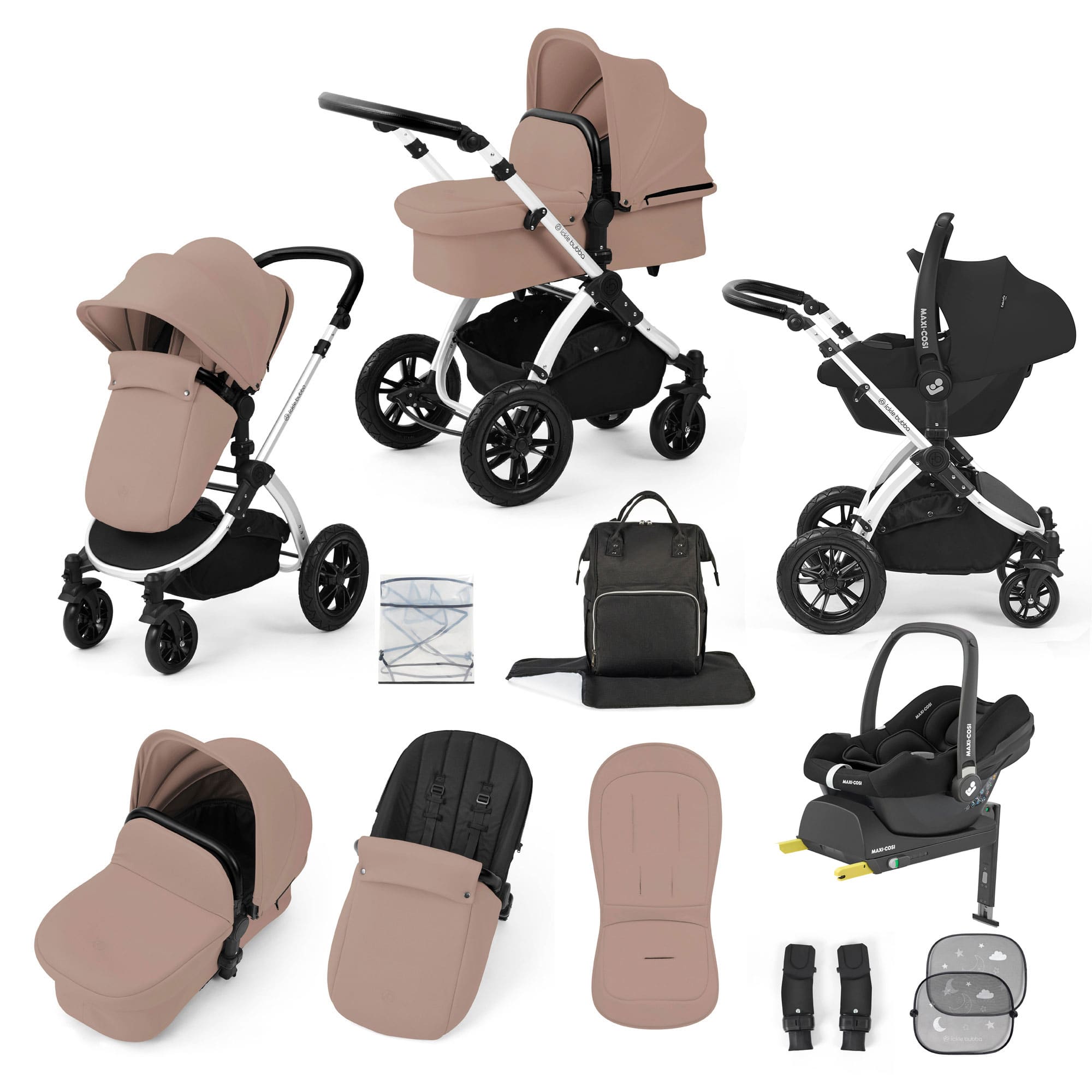 Ickle Bubba Stomp Luxe 12 Piece Travel System with Maxi-Cosi Cabriofix i-Size Car Seat & Isofix Base in Desert Travel Systems 10-011-360-257 5056515019797