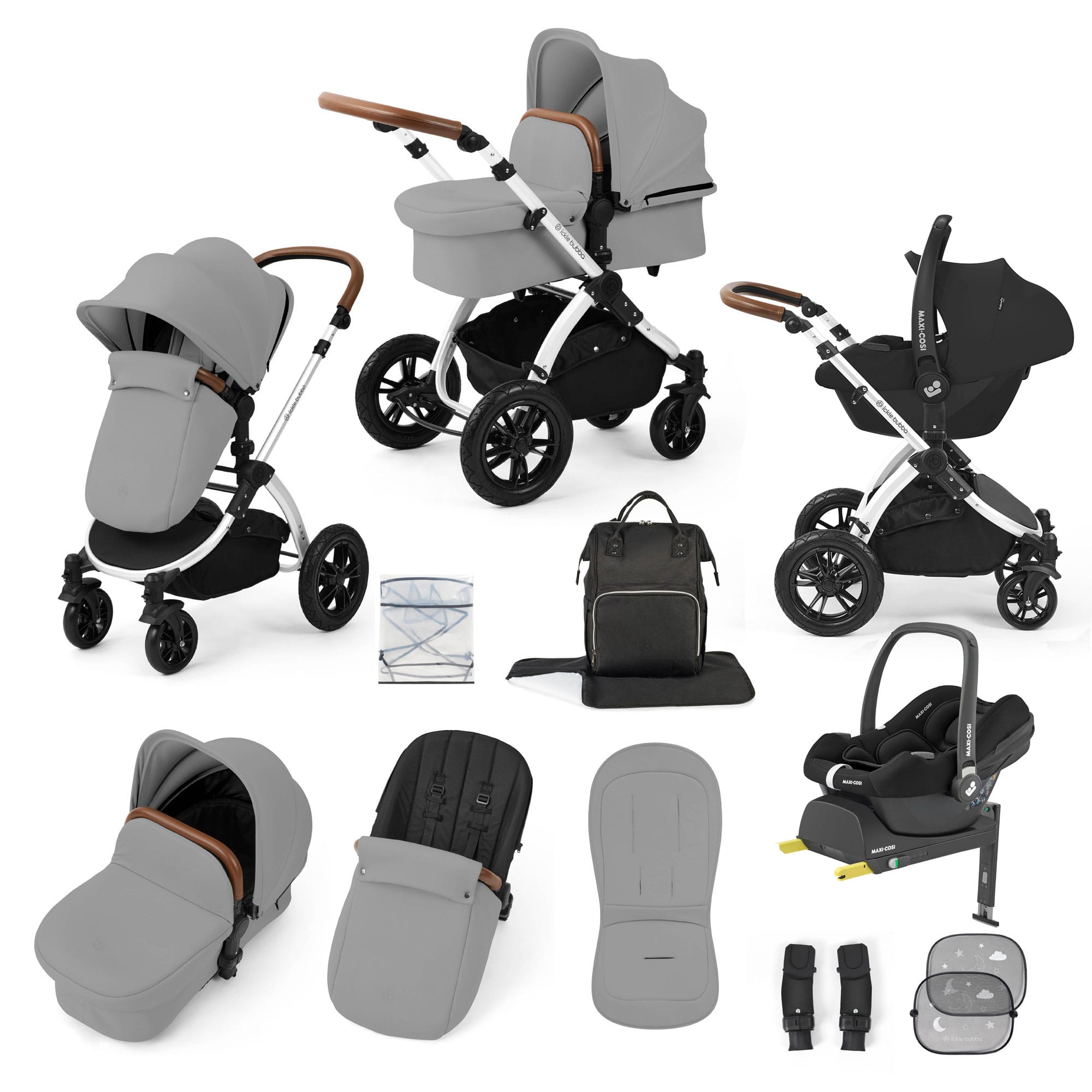 Ickle Bubba Stomp Luxe 12 Piece Travel System with Maxi-Cosi Cabriofix i-Size Car Seat & Isofix Base in Pearl Grey Travel Systems 10-011-360-260 5056515019841