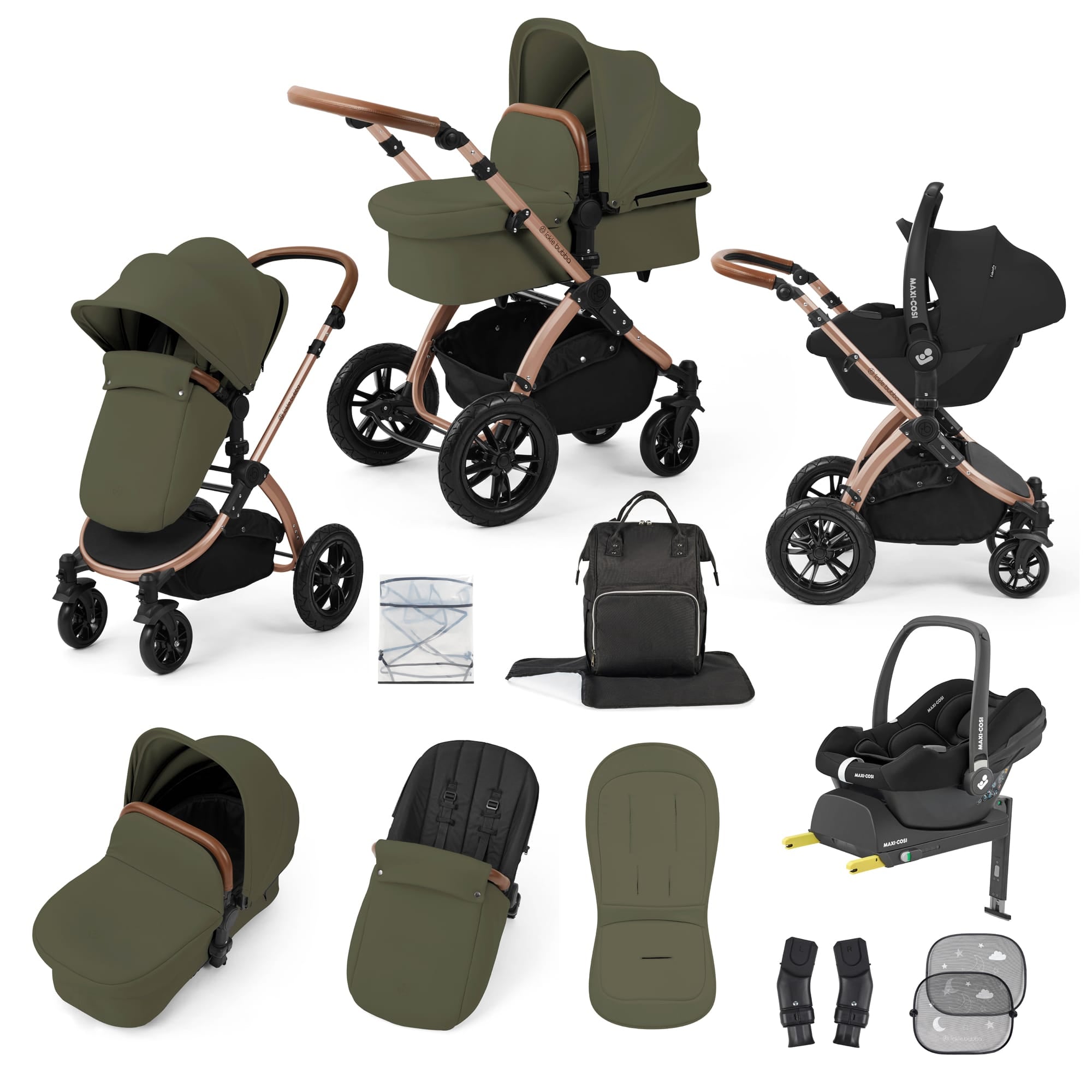 Ickle Bubba Stomp Luxe 12 Piece Travel System with Maxi-Cosi Cabriofix i-Size Car Seat & Isofix Base in Woodland Travel Systems 10-011-360-022 5056515019766
