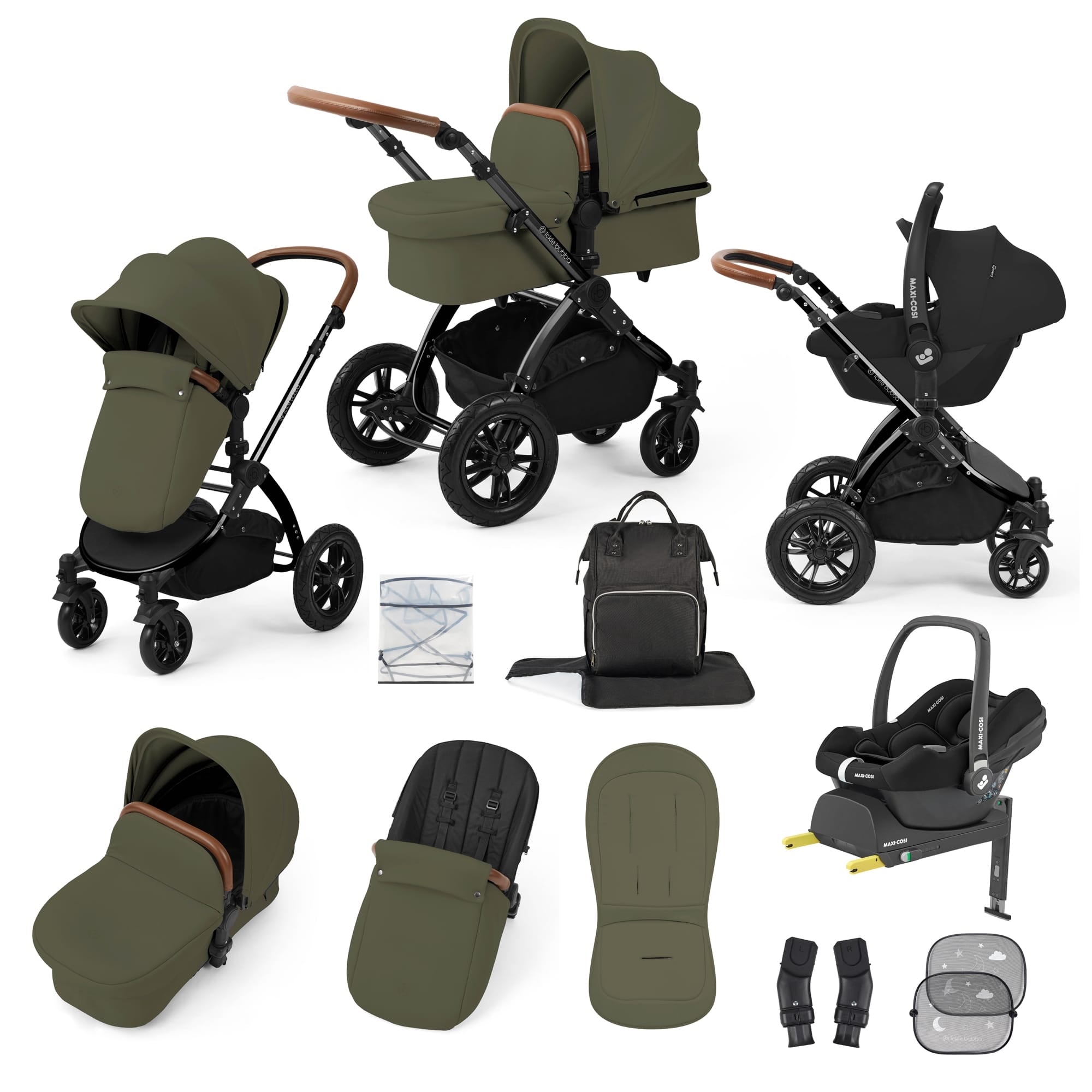 Ickle Bubba Stomp Luxe 12 Piece Travel System with Maxi-Cosi Cabriofix i-Size Car Seat & Isofix Base in Woodland Travel Systems 10-011-360-137 5056515019728