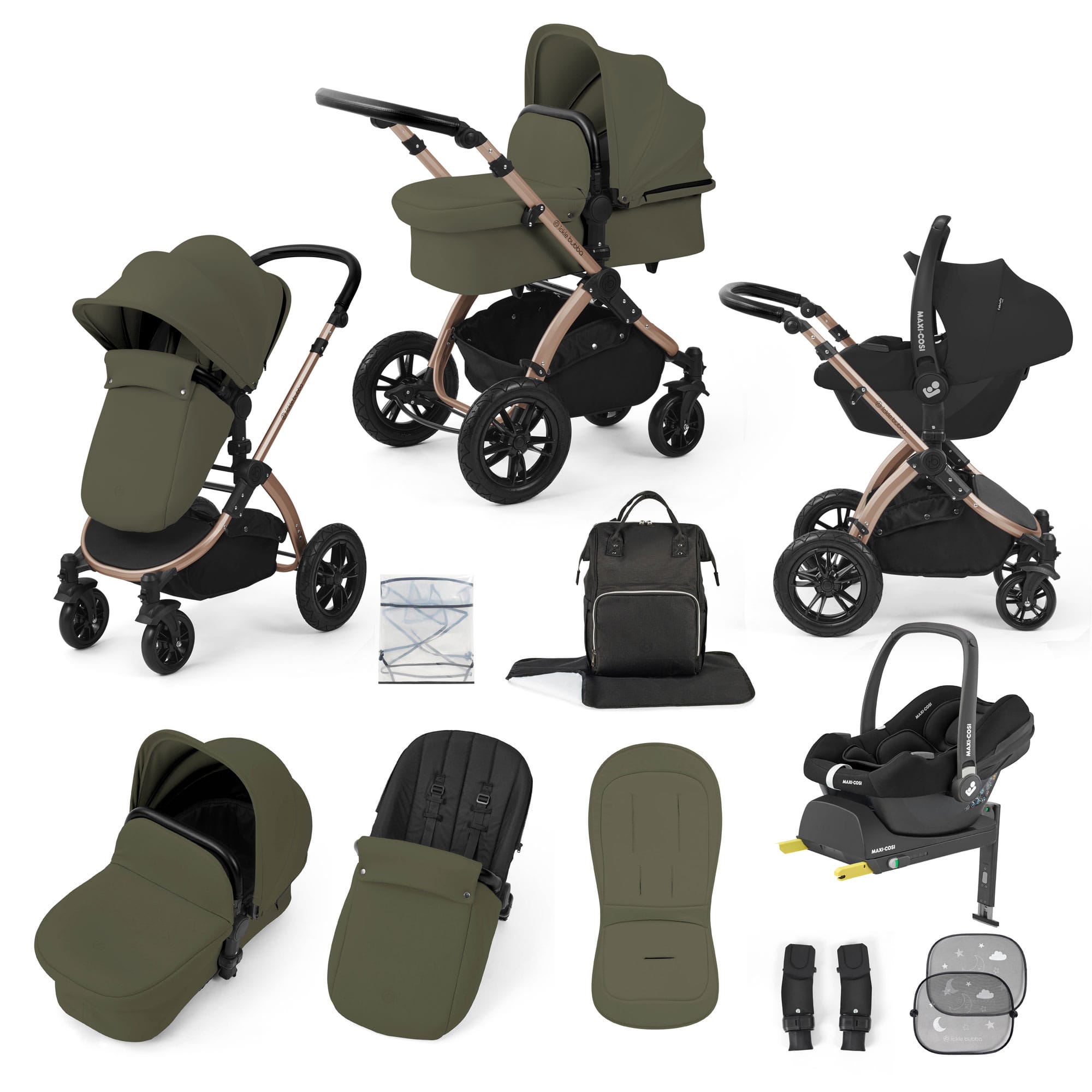 Ickle Bubba Stomp Luxe 12 Piece Travel System with Maxi-Cosi Cabriofix i-Size Car Seat & Isofix Base in Woodland Travel Systems 10-011-360-140 5056515019759