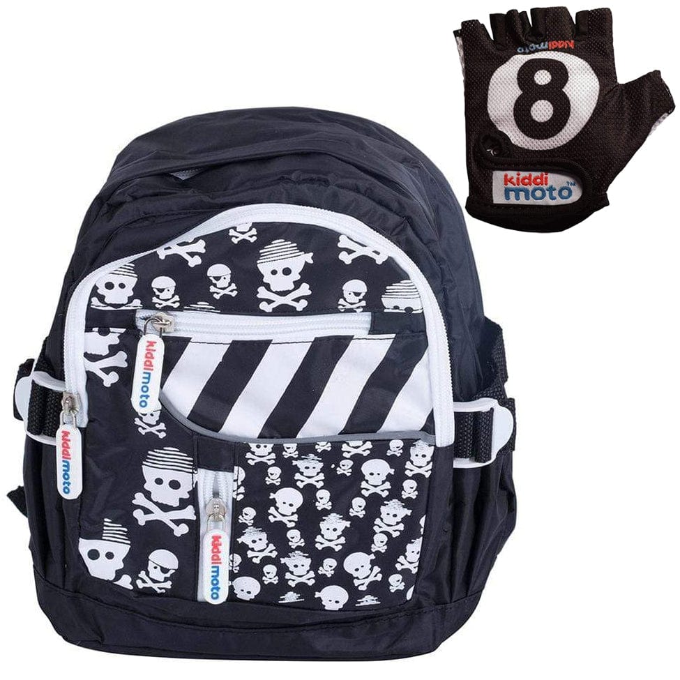 Kiddimoto Back Pack Small Skullz with 8 Ball Gloves Push Along Toys BSZ-S/GLV006S 5060262725207