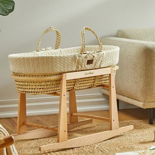 The Little Green Sheep Knitted Moses Basket and Rocking Stand Bundle in Linen Moses Baskets & Stands FNBB010LN