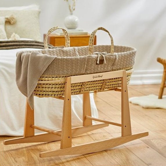 The Little Green Sheep Knitted Moses Basket and Rocking Stand Bundle in Truffle Moses Baskets & Stands FBBB010L