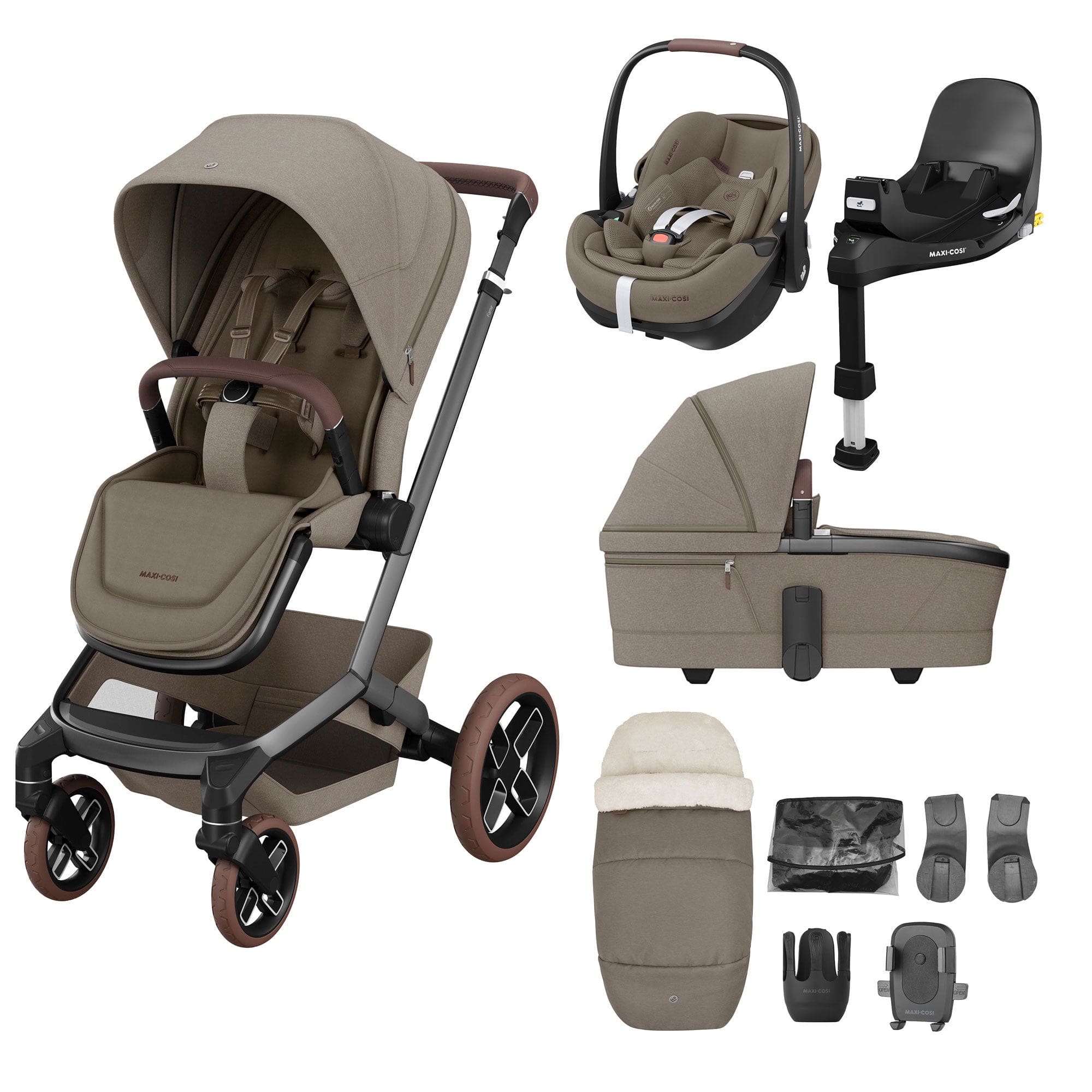 Maxi-Cosi FAME 9 Piece Premium Bundle in Twillic Truffle (Brown Wheels) Travel Systems KF62700000 8712930013822