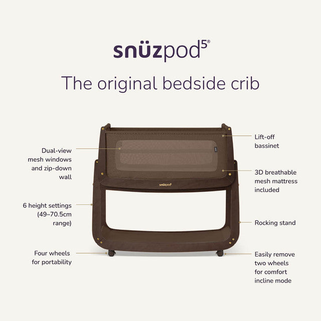 SnuzPod 5 Bedside Crib in Chocolate