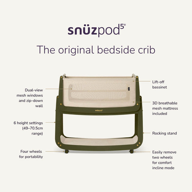 SnuzPod 5 Bedside Crib in Olive