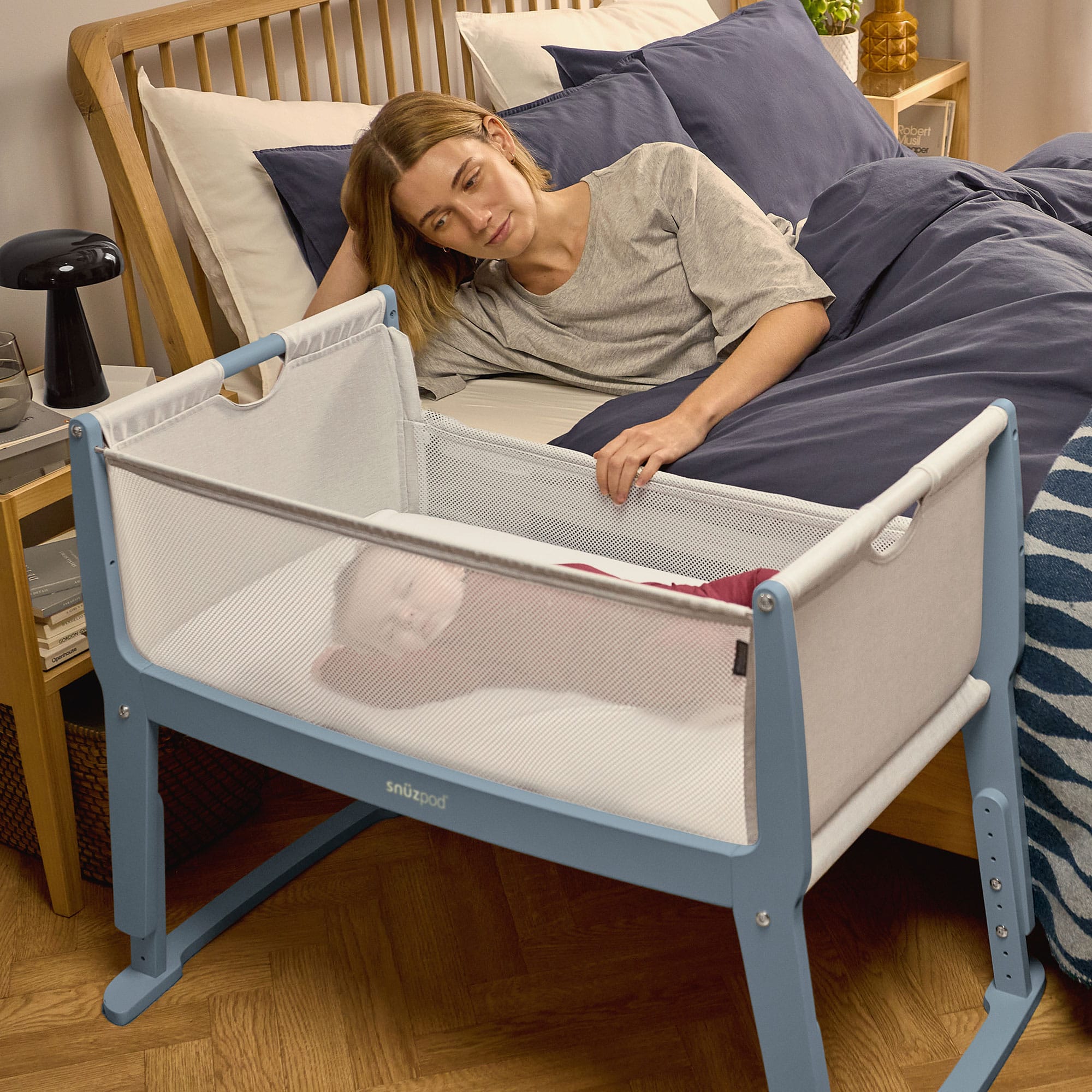 SnuzPod Studio Bedside Crib in Santorini Sky Cribs FN032K 5061061517604