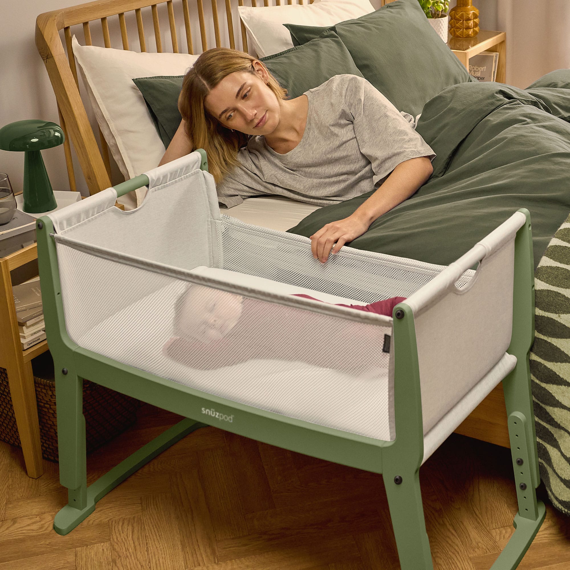 SnuzPod Studio Bedside Crib in Tokyo Matcha Cribs FN032J 5061061517598