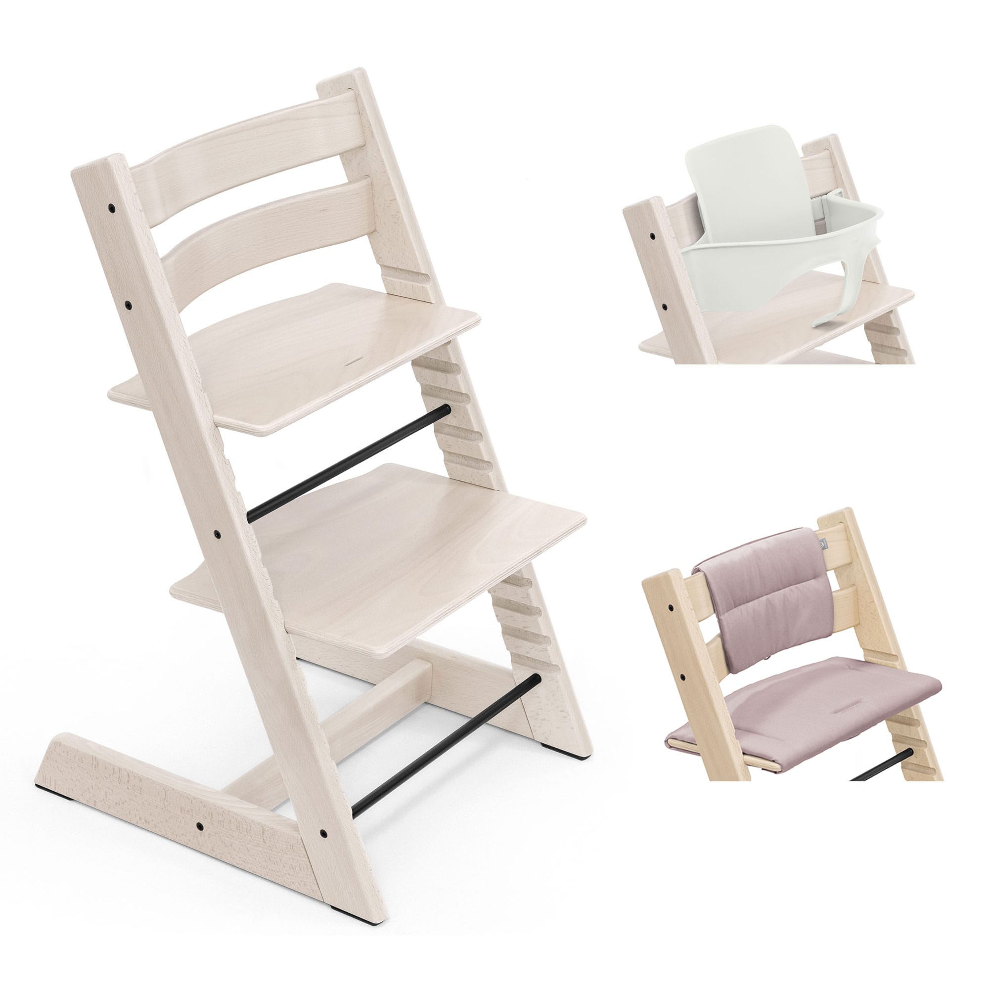 Stokke Tripp Trapp Highchair with Cushion & Baby Set in Whitewash Baby Highchairs 21229-CHR-CUS-BBY-WW-2 7040351001052