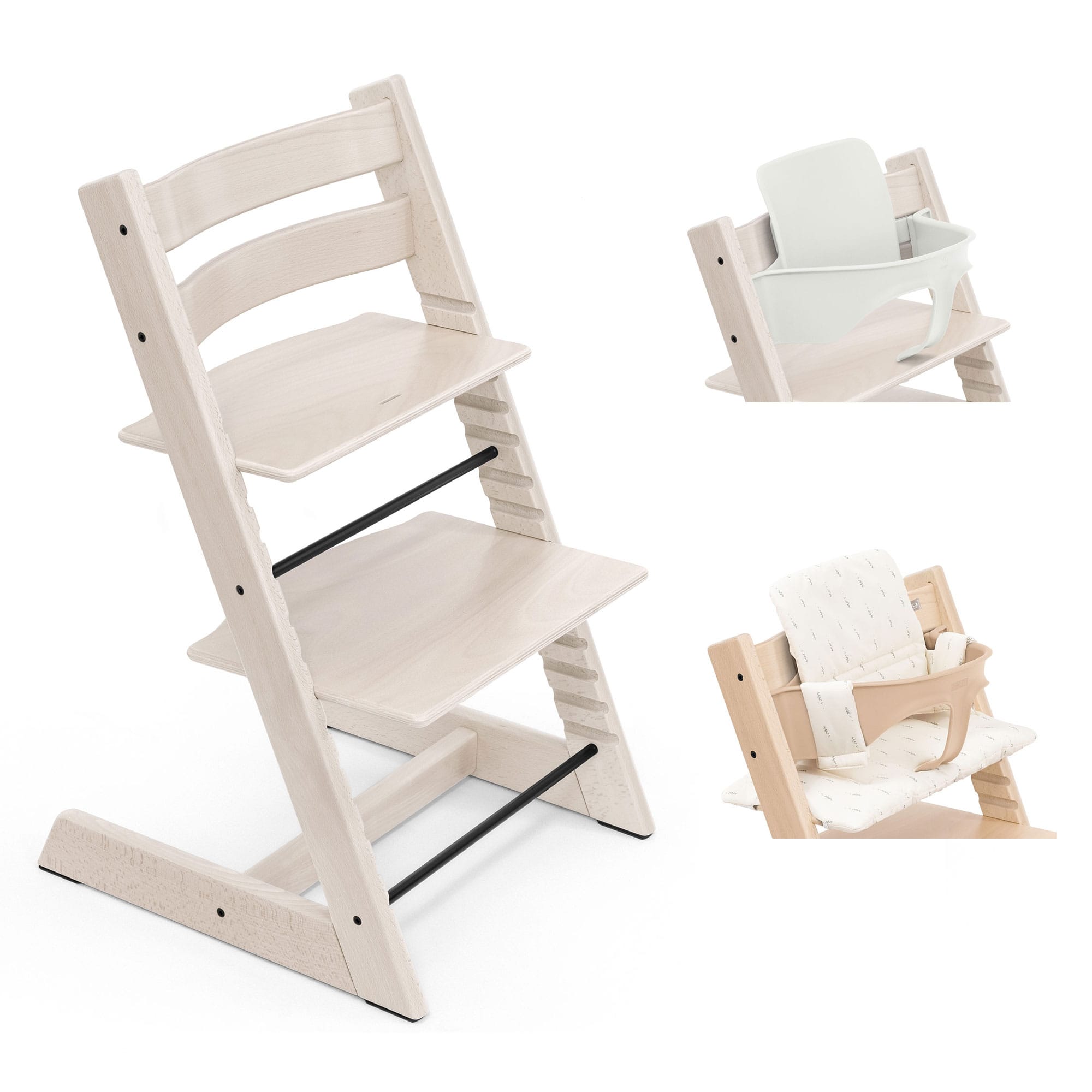 Stokke Tripp Trapp Highchair with Cushion & Baby Set in Whitewash Baby Highchairs 21229-CHR-CUS-BBY-WW-3 7040351001052
