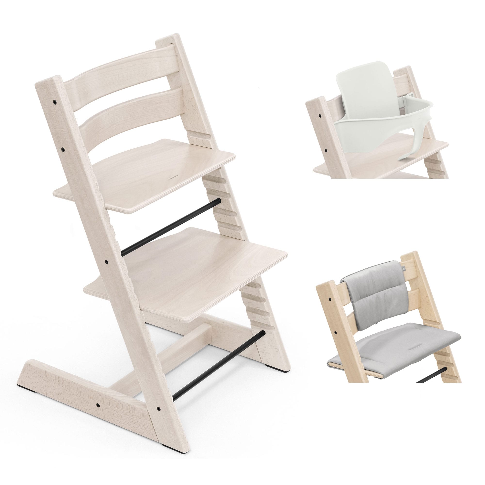 Stokke Tripp Trapp Highchair with Cushion & Baby Set in Whitewash Baby Highchairs 21229-CHR-CUS-BBY-WW-5 7040351001052