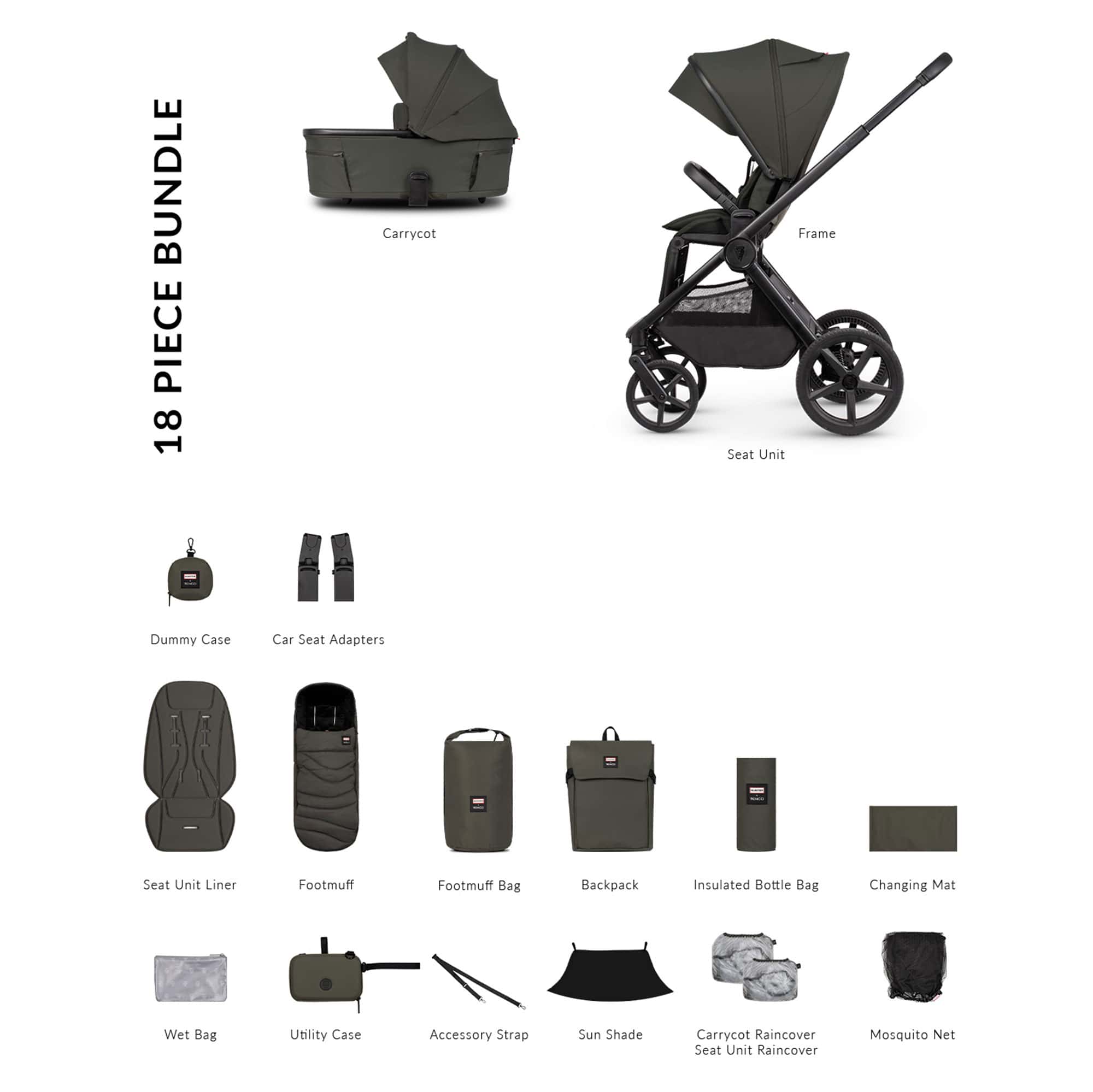 Venicci Tinum Upline 3 Hunter Essential Bundle in Dark Olive Baby Prams 2001510213 5905261338013