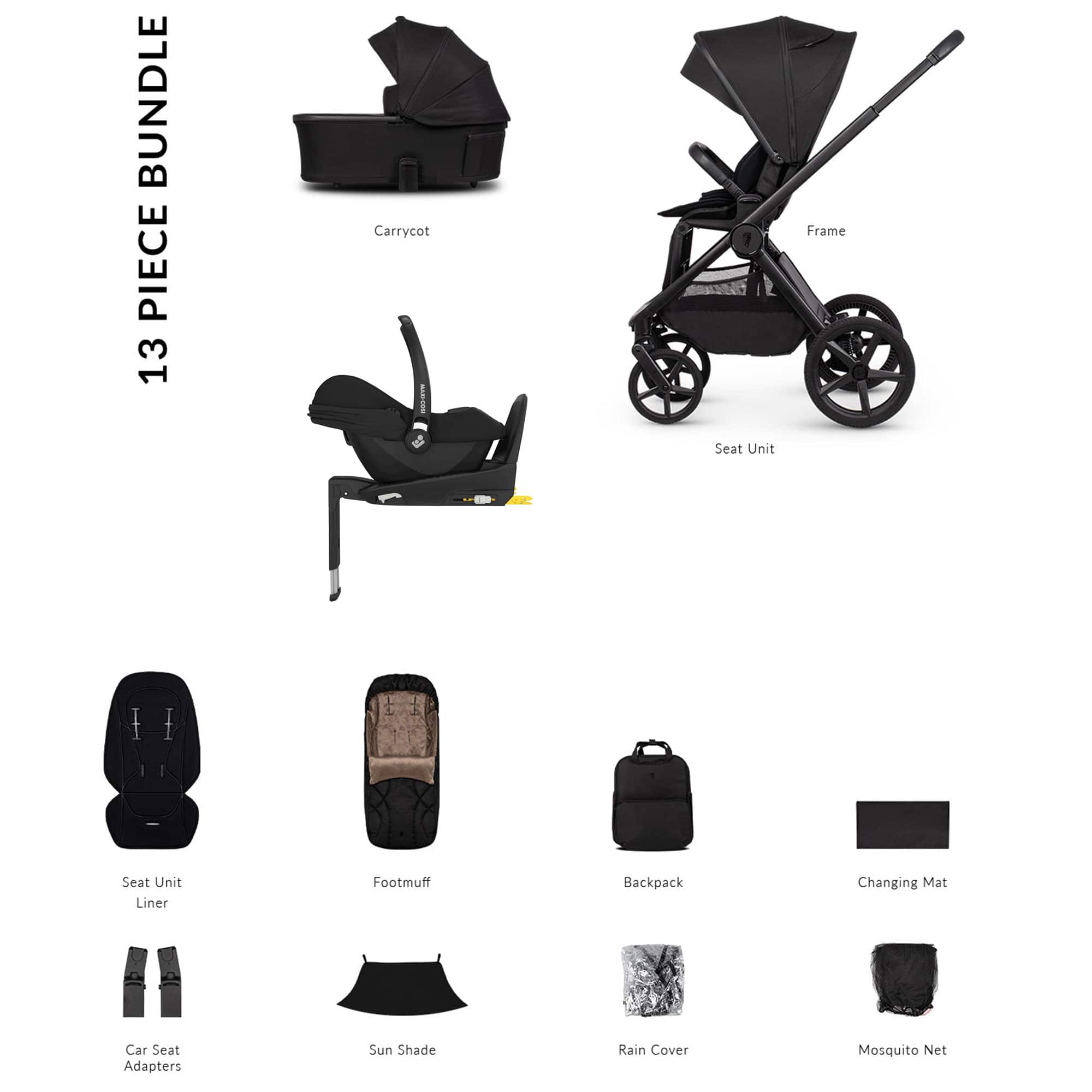 Venicci Tinum Upline 3 Maxi-Cosi Luxury Bundle in Onyx Baby Prams 22771-ONY 5905261335616