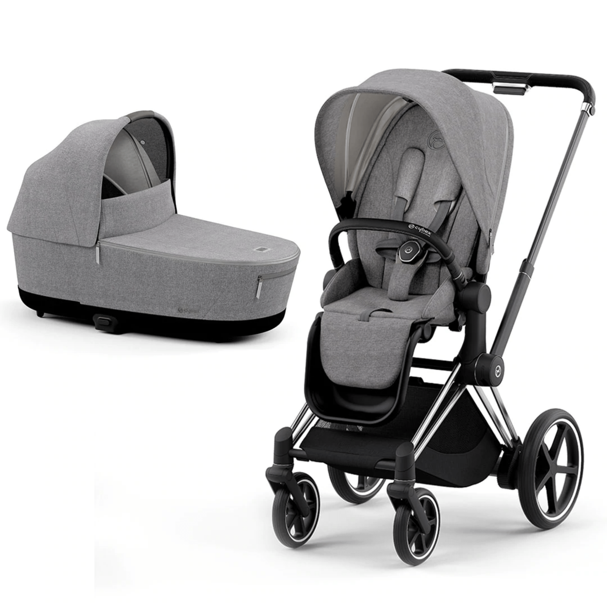 Cybex e-Priam & Lux Cot in Manhattan Grey Plus Pushchairs & Buggies 11337-CH-BLK-MAN-GRY 4063846136513