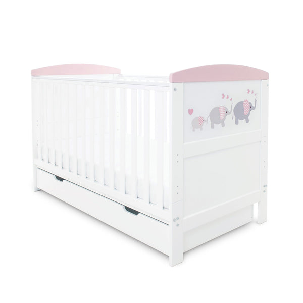 Ickle Bubba Coleby Style Cot Bed with Under Drawer Elephant Love Pink Cot Beds