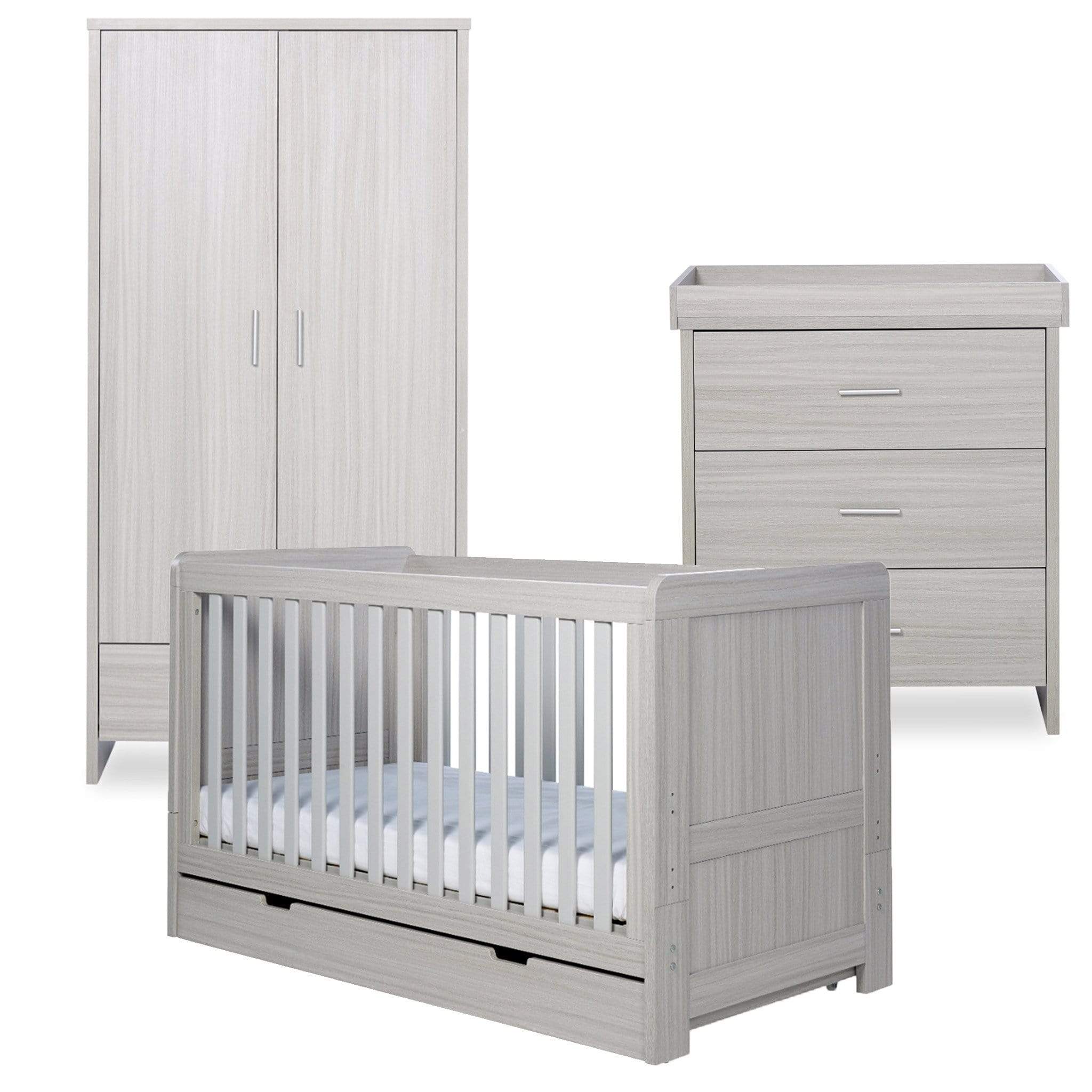 Ickle Bubba Pembrey 3 Piece Furniture Set and Under Drawer Ash Grey Cot Beds